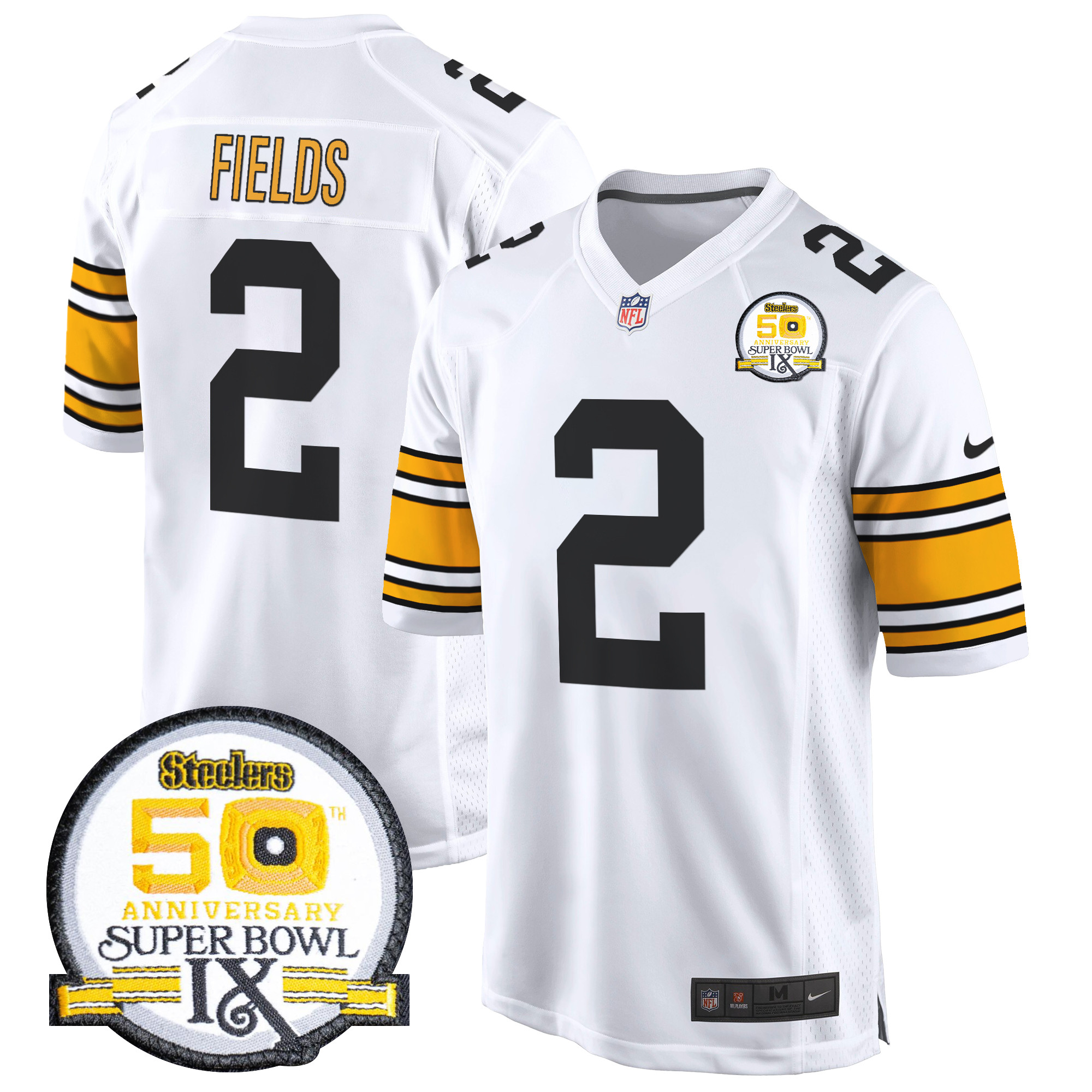 Men's Justin Fields Pittsburgh Steelers 50th Anniversary Of Super Bowl IX Patch Game 1975 White Jersey - All Stitched