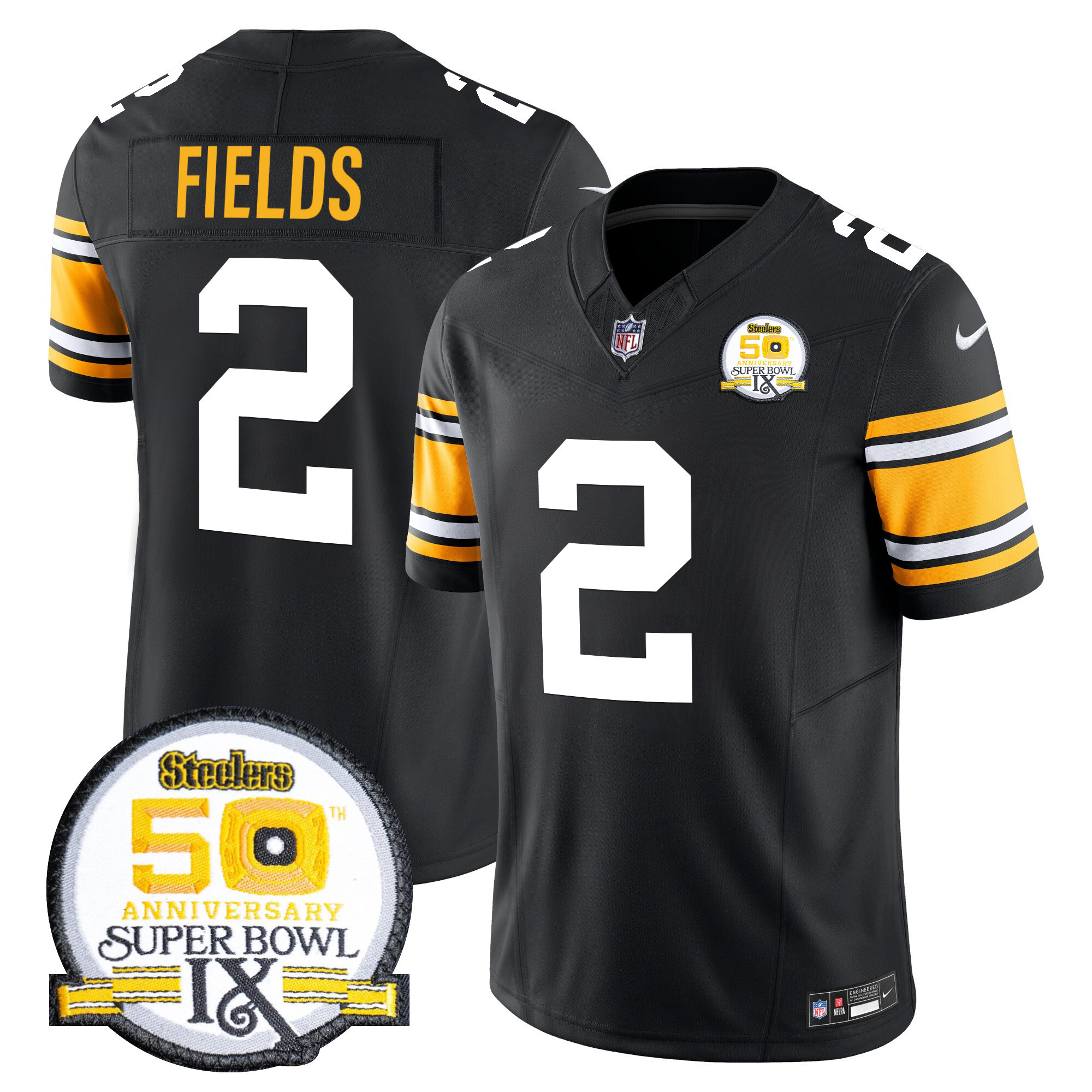 Men's Justin Fields Pittsburgh Steelers 50th Anniversary Of Super Bowl IX Patch Vapor Limited 1975 Throwback Jersey - All Stitched