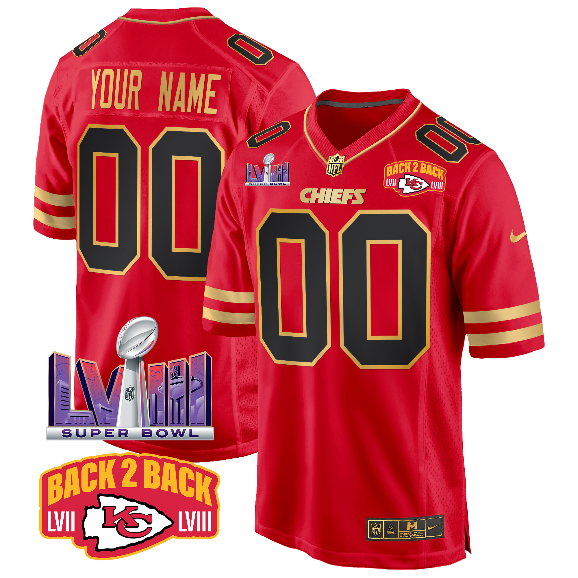 Men's Kansas City Chiefs Super Bowl LVIII & Back 2 Back Patch Game Custom Black Red Jersey - All Stitched