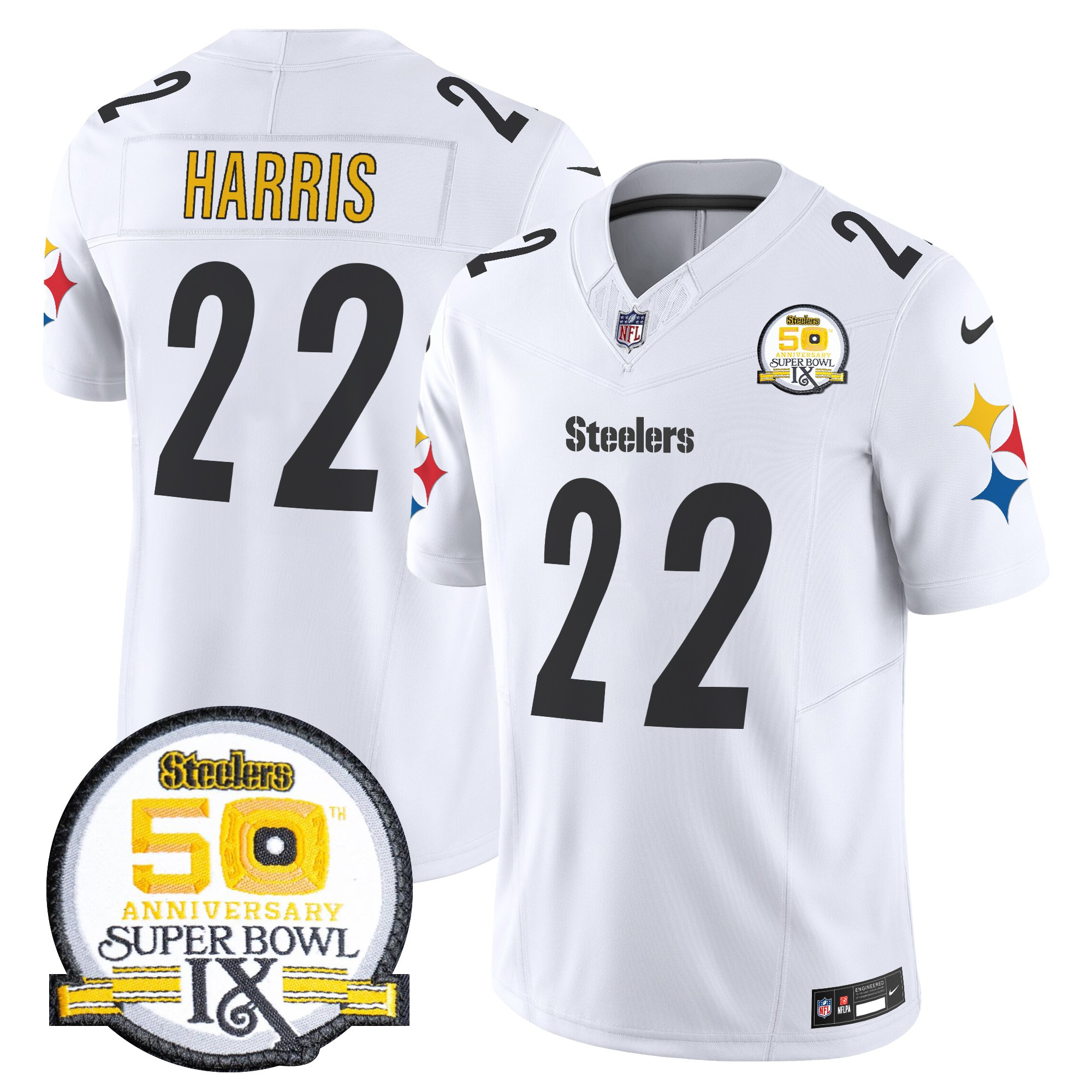 Men's Najee Harris Pittsburgh Steelers 50th Anniversary Of Super Bowl IX Patch Vapor Limited White Jersey - All Stitched