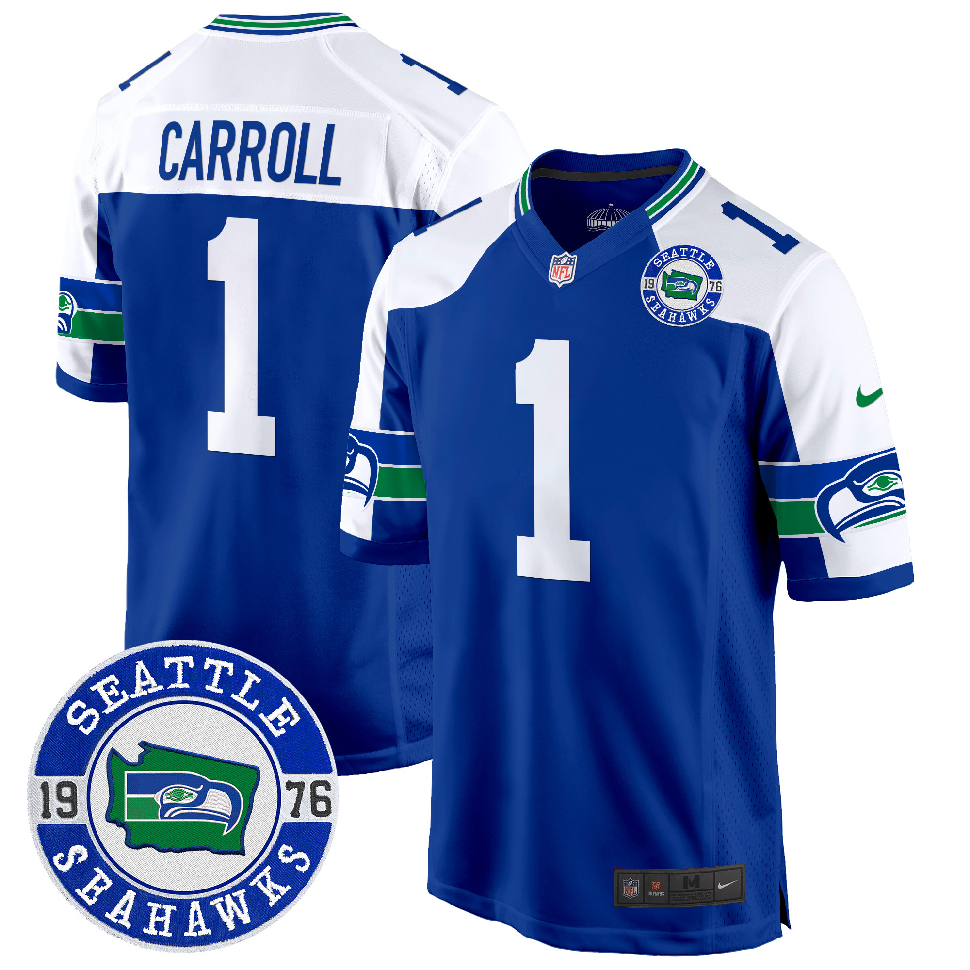Men's Pete Carroll Seattle Seahawks Throwback Est. 1976 Patch Game Royal Alternate Jersey - All Stitched