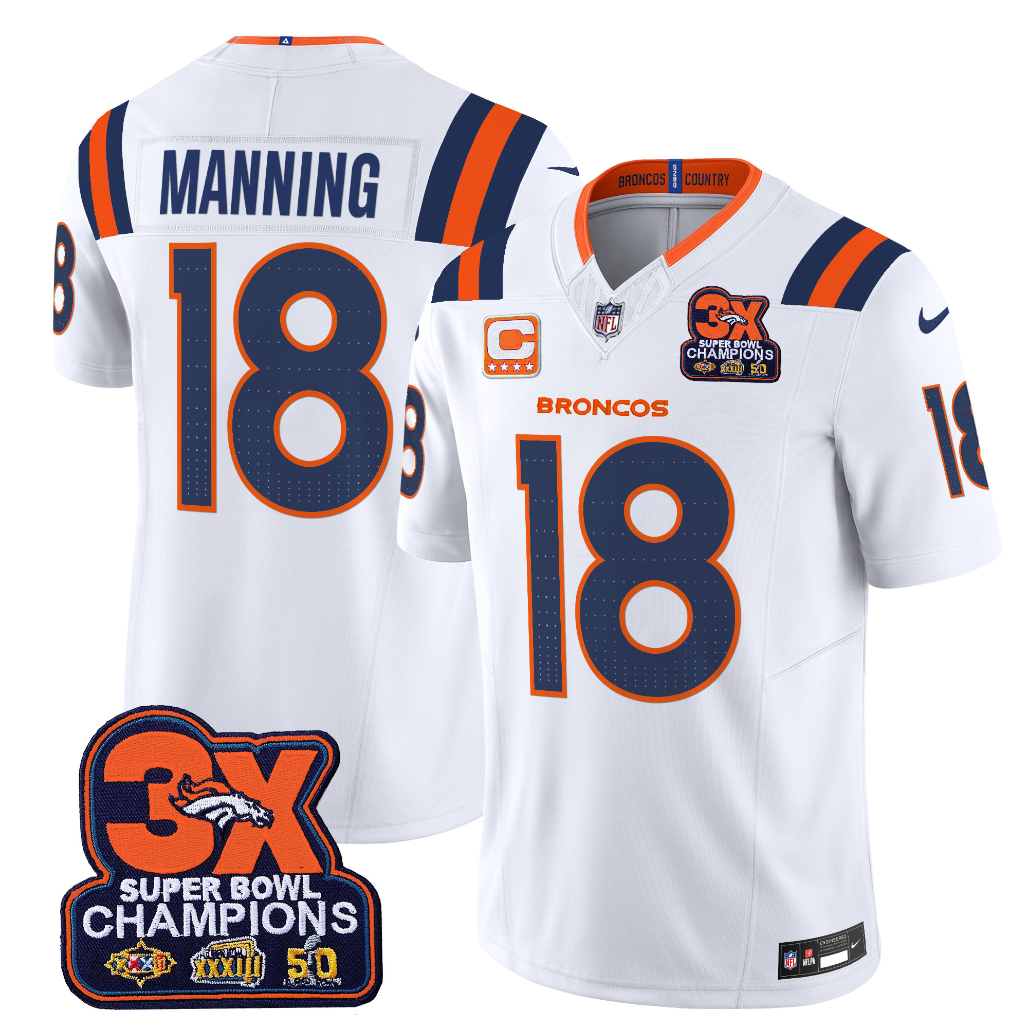 Men's Peyton Manning Denver Broncos 3-Time Champions Patch Vapor Limited White Jersey - All Stitched