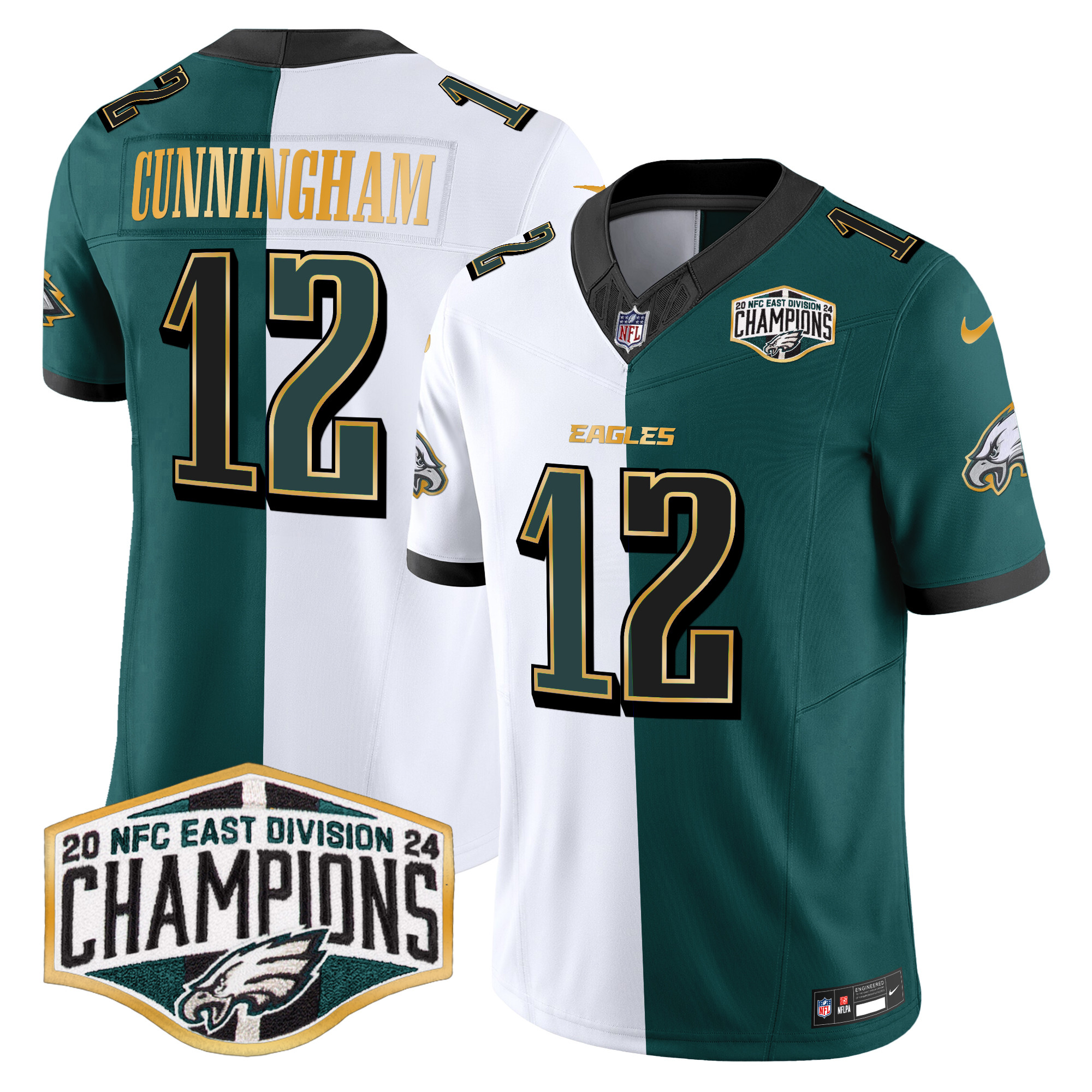 Men's Randall Cunningham Philadelphia Eagles 2024 NFC East Division Champions Gold Trim Vapor Limited Split Jersey - All Stitched