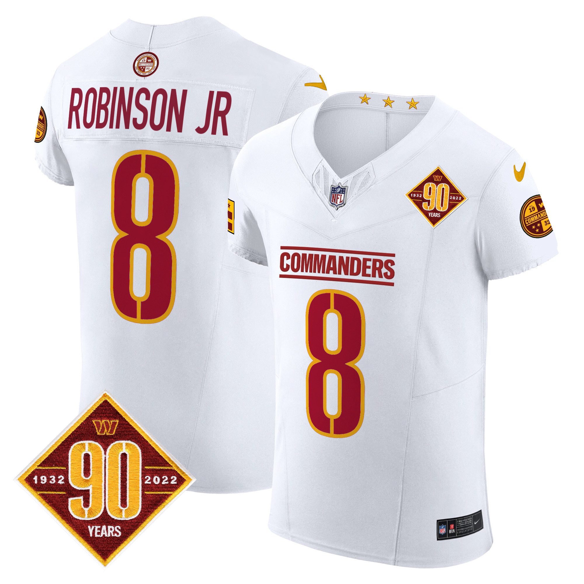 Men's Robinson Jr. Washington Commanders 90th Anniversary Patch Vapor Elite White Jersey - All Stitched