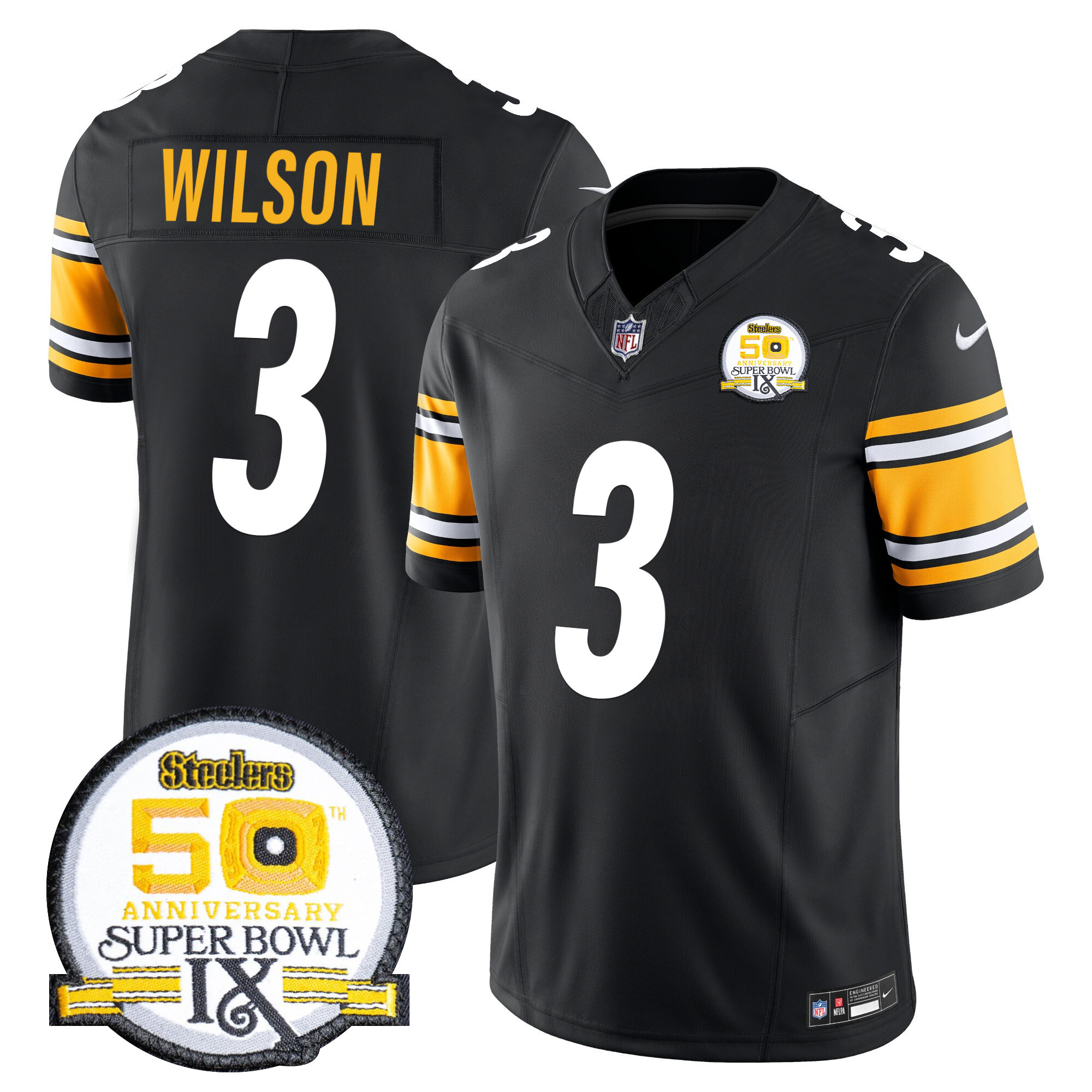Men's Russell Wilson Pittsburgh Steelers 50th Anniversary Of Super Bowl IX Patch Vapor Limited Black Jersey - All Stitched