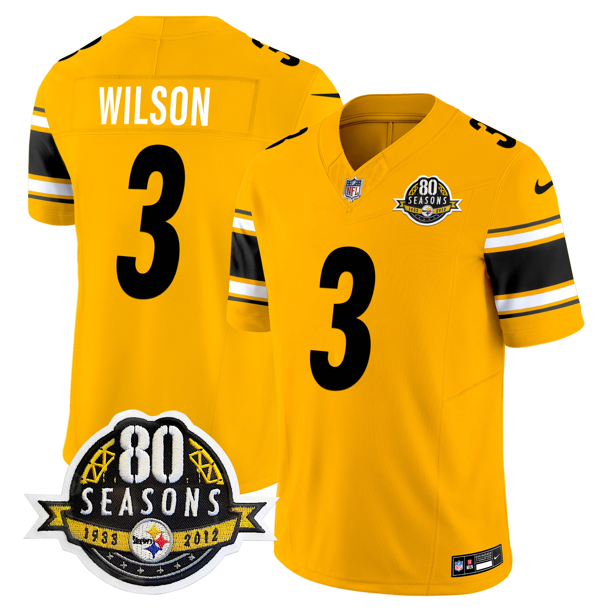 Men's Russell Wilson Pittsburgh Steelers 80th Anniversary Patch Vapor Limited Gold Jersey - All Stitched