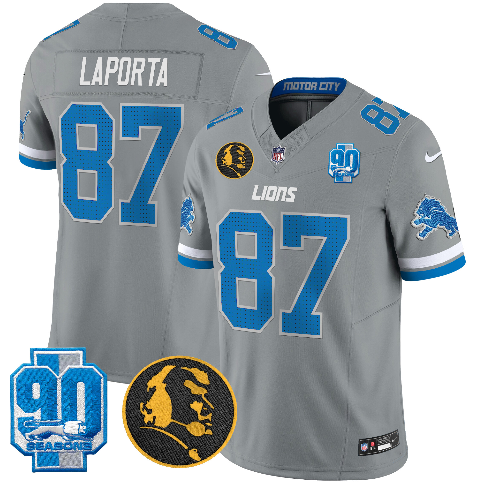 Men's Sam Laporta Detroit Lions 2024 90th & John Madden Patch Vapor Limited Gray Jersey - All Stitched