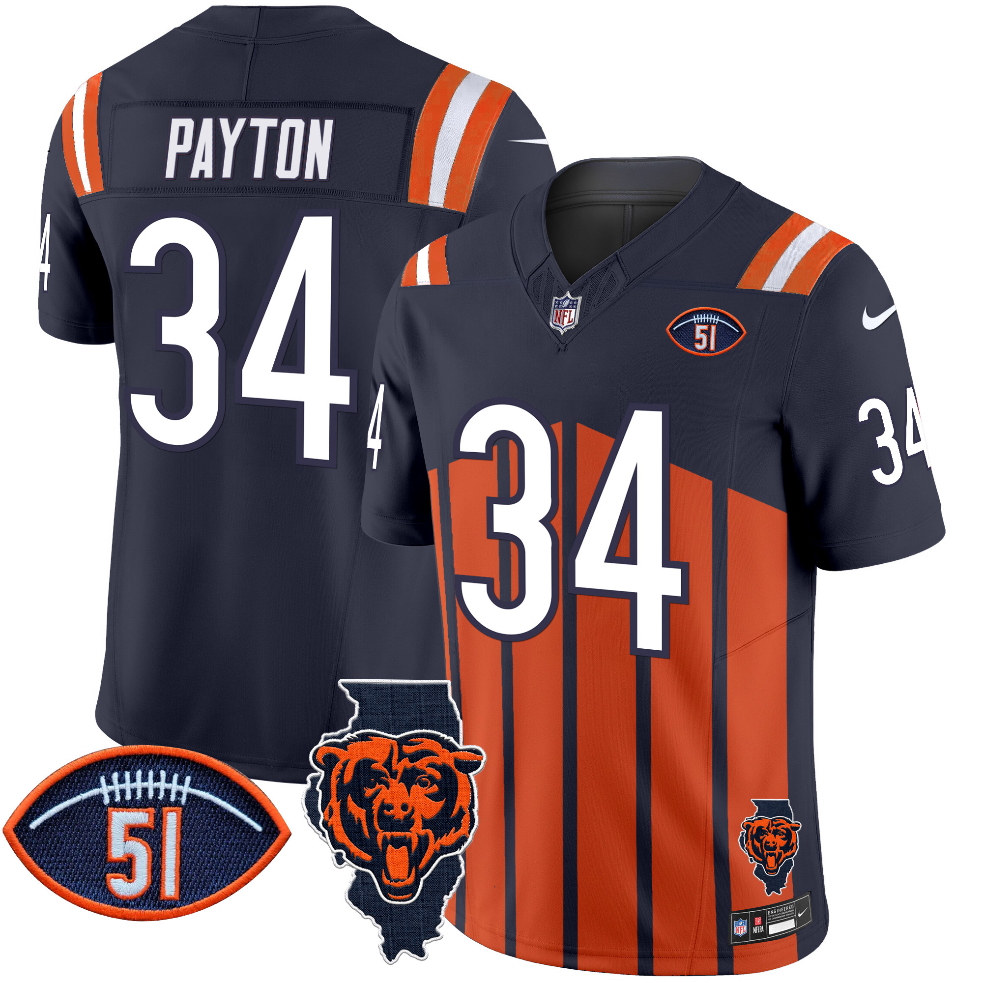 Men's Walter Payton Chicago Bears Illinois Patch Vapor Limited Navy Special Jersey - All Stitched