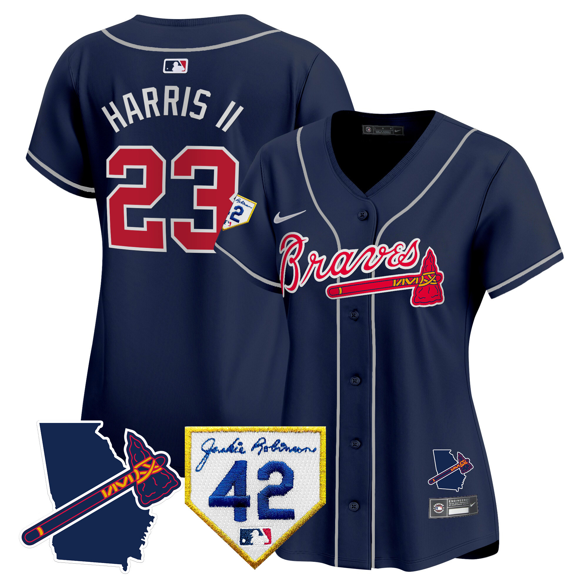 Michael Harris II Women's Atlanta Braves 2024 Robinson & Georgia Patch Vapor Premier Limited Navy Jersey - All Stitched