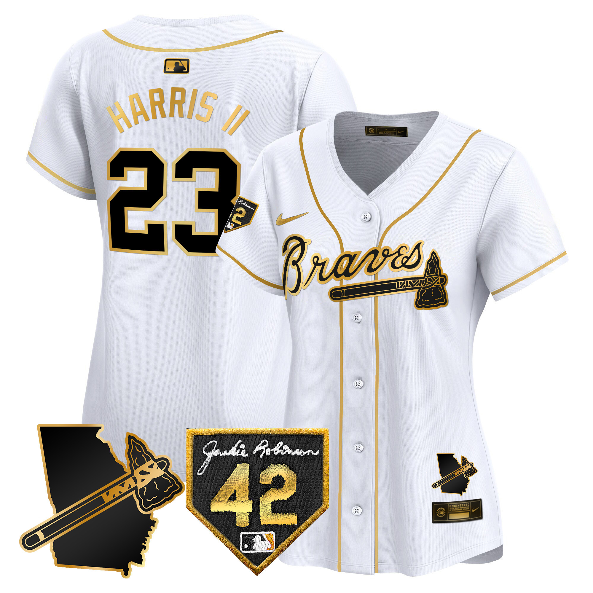 Michael Harris II Women's Atlanta Braves 2024 Robinson & Georgia Patch Vapor Premier Limited White Gold Jersey - All Stitched