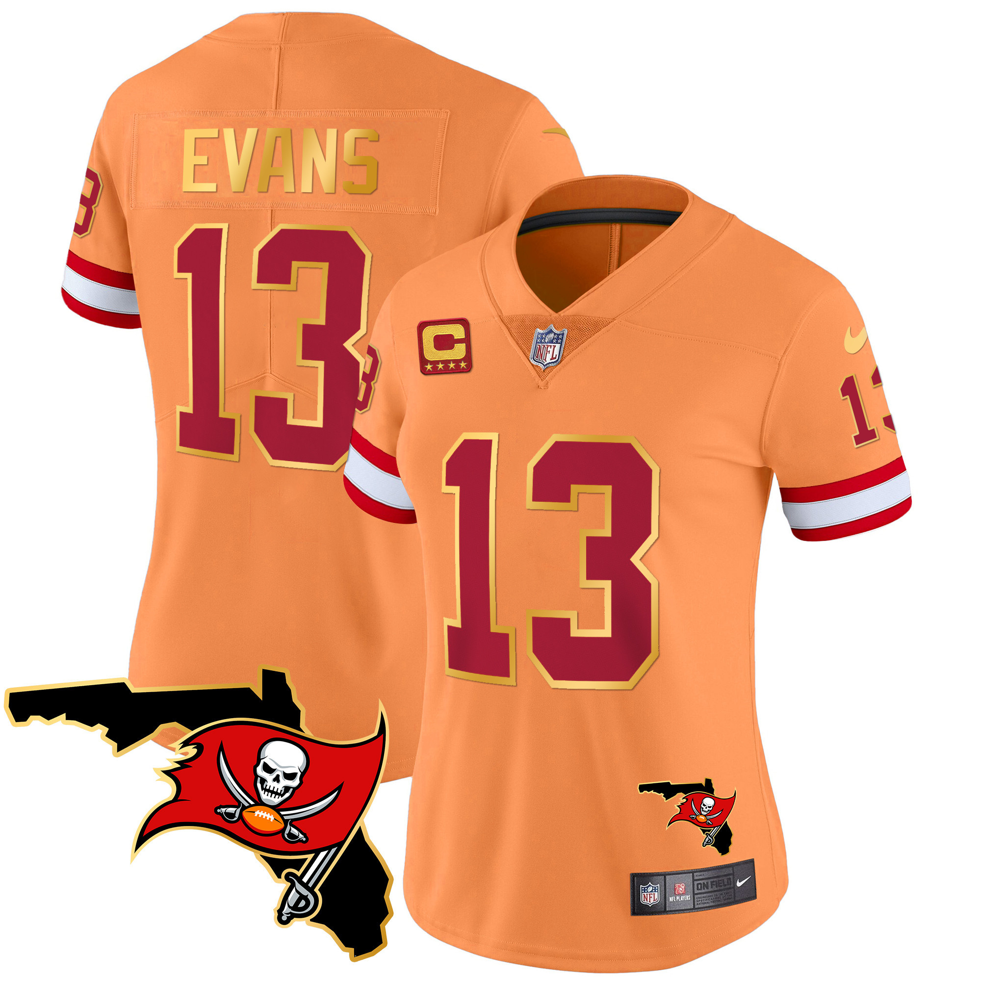 Mike Evans Women's Tampa Bay Buccaneers Florida Patch Gold Trim Vapor Orange Jersey - All Stitched 