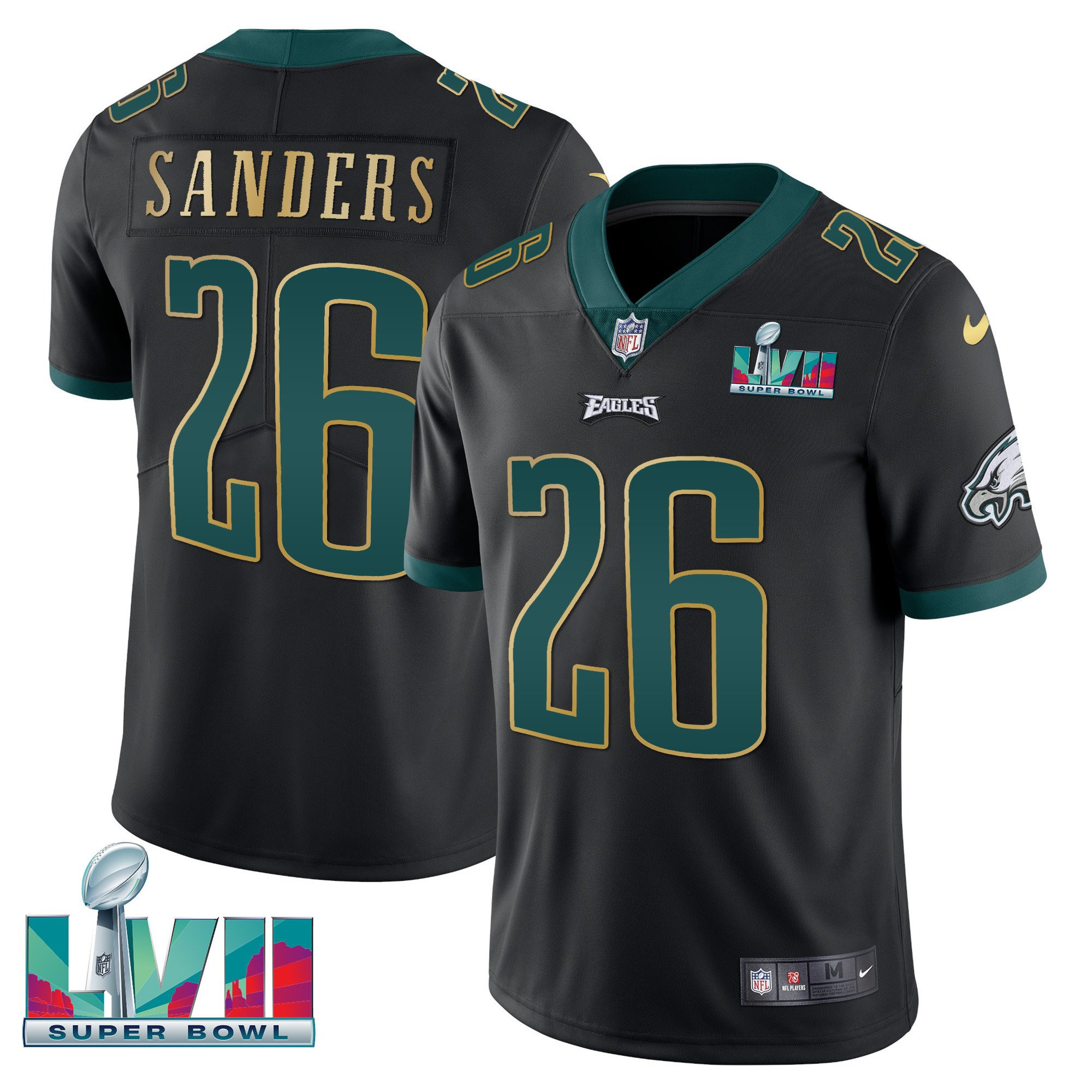 Miles Sanders Youth's Philadelphia Eagles Super Bowl Patch Vapor Black Gold Trim Jersey - All Stitched