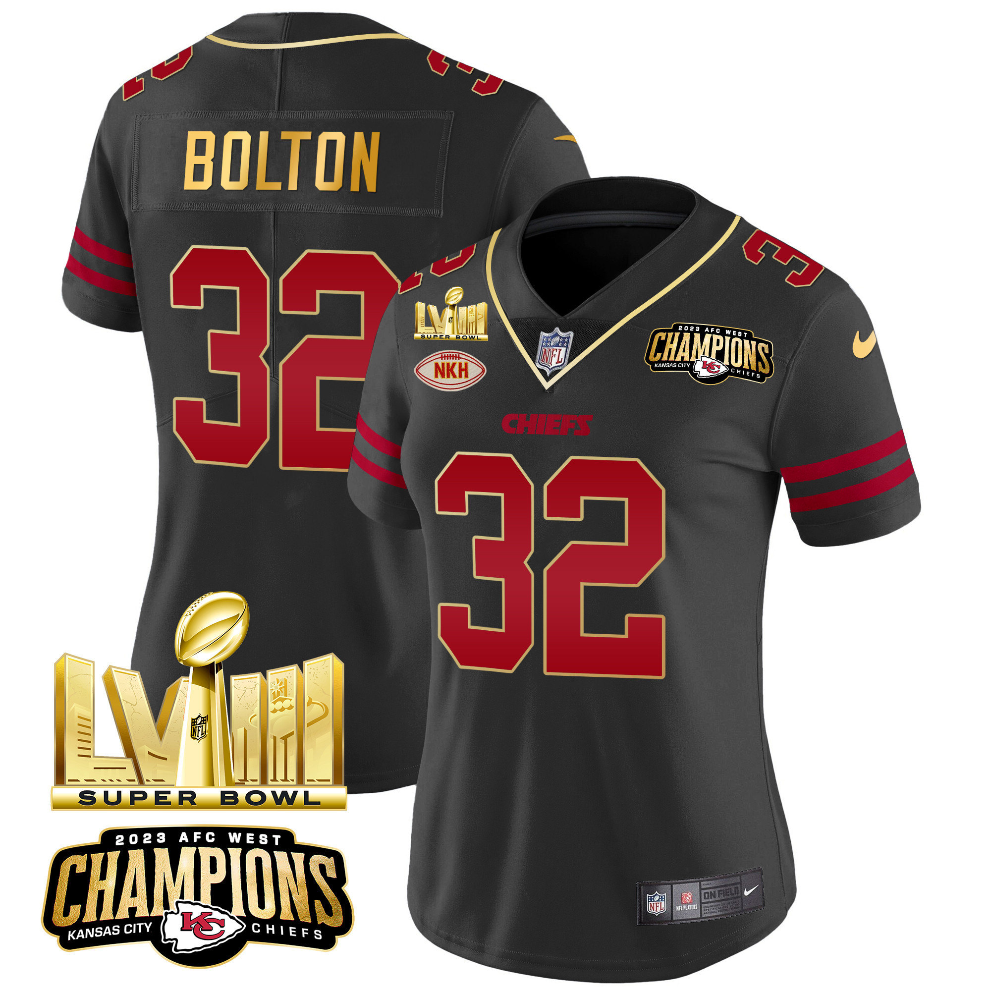 Nick Bolton Women's Kansas City Chiefs AFC West Champions & Super Bowl LVIII Gold Patch Vapor Gold Trim Jersey - All Stitched 