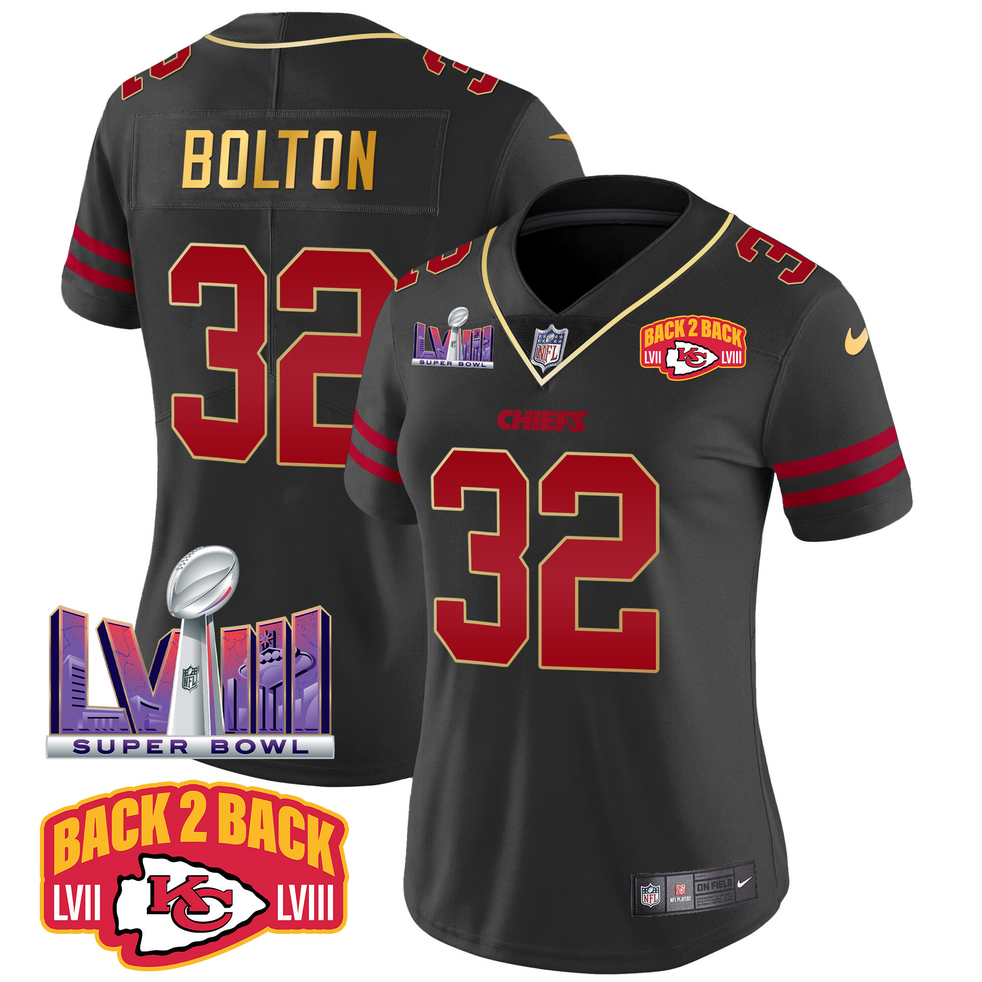 Nick Bolton Women's Kansas City Chiefs Super Bowl LVIII & Back 2 Back Patch Vapor Gold Trim Jersey - All Stitched 