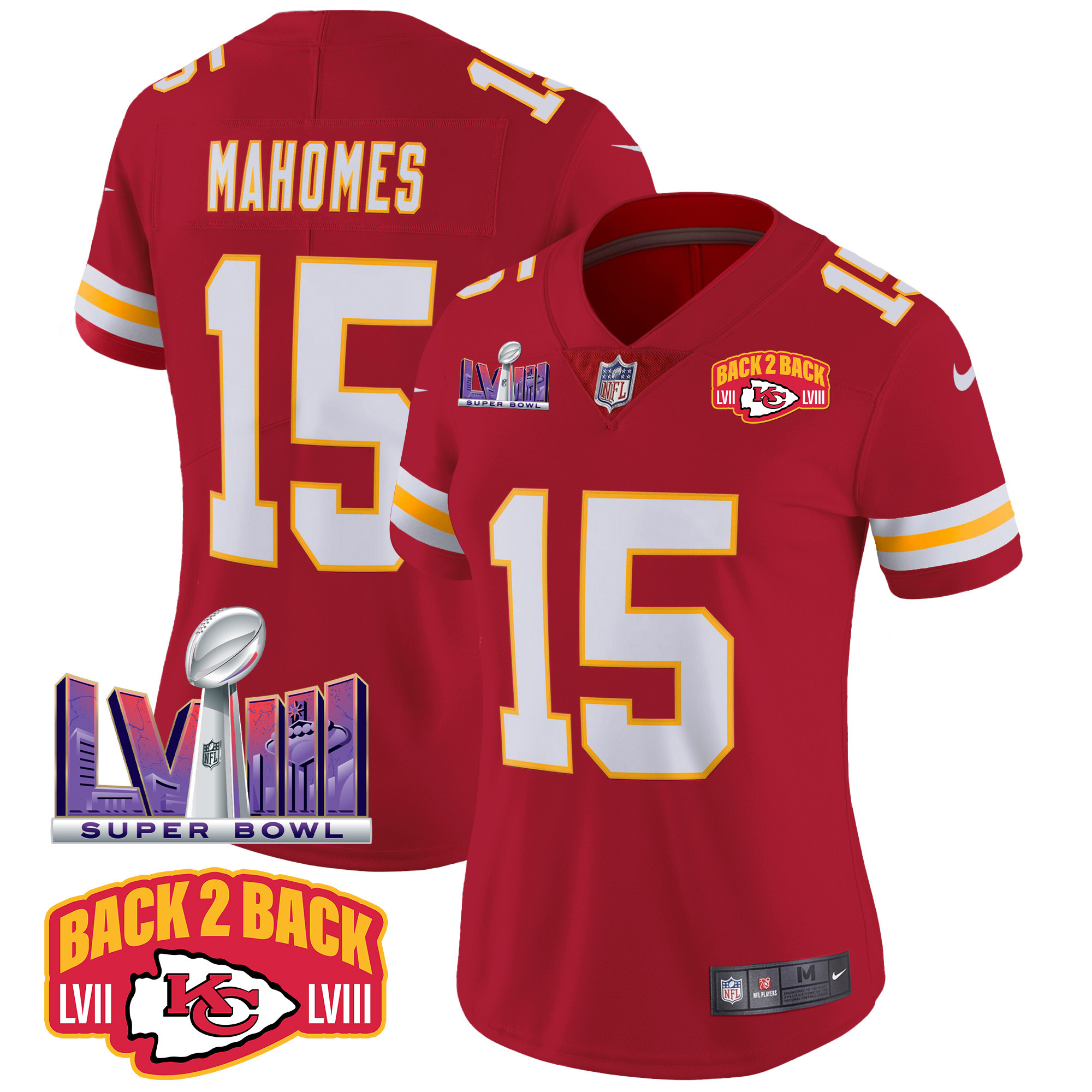 Patrick Mahomes Women's Kansas City Chiefs Super Bowl LVIII & Back 2 Back Patch Vapor Red Jersey - All Stitched 