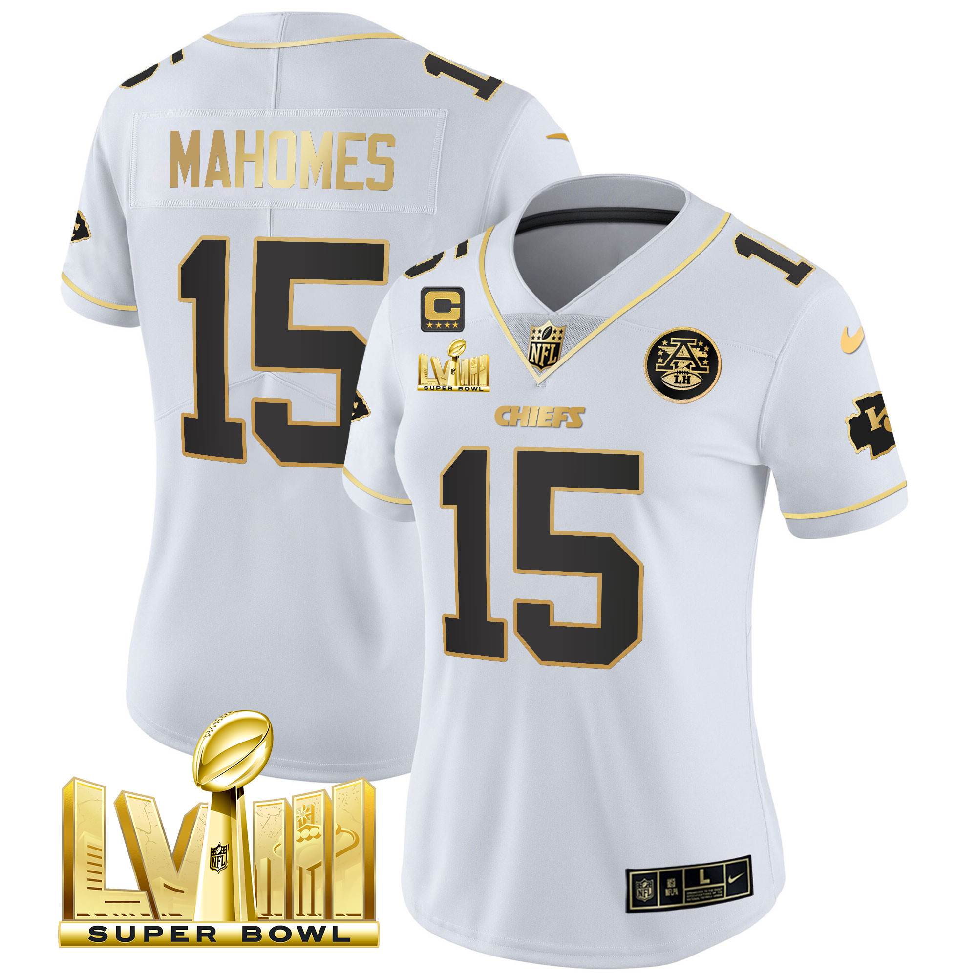 Patrick Mahomes Women's Kansas City Chiefs Super Bowl LVIII Gold Patch Vapor White Gold Jersey - All Stitched 