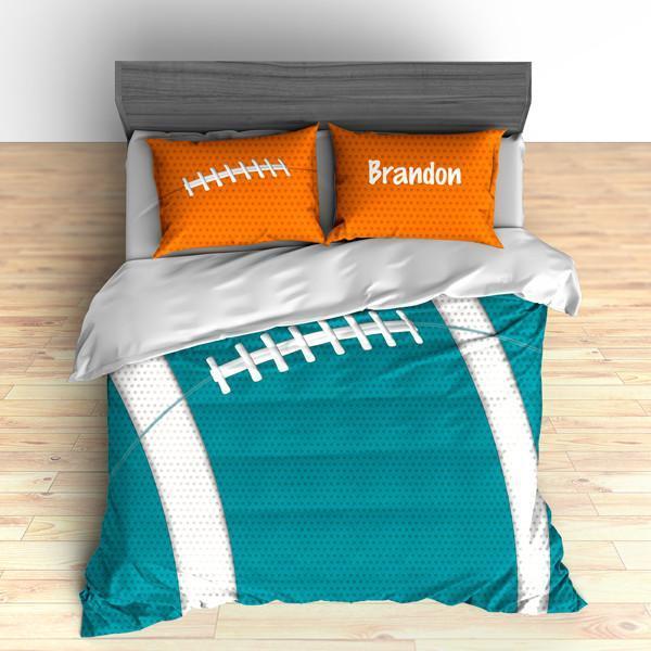 Personalized Football Team Colors Themed , S, Orange And Teal Duvet Cover Bedding Set