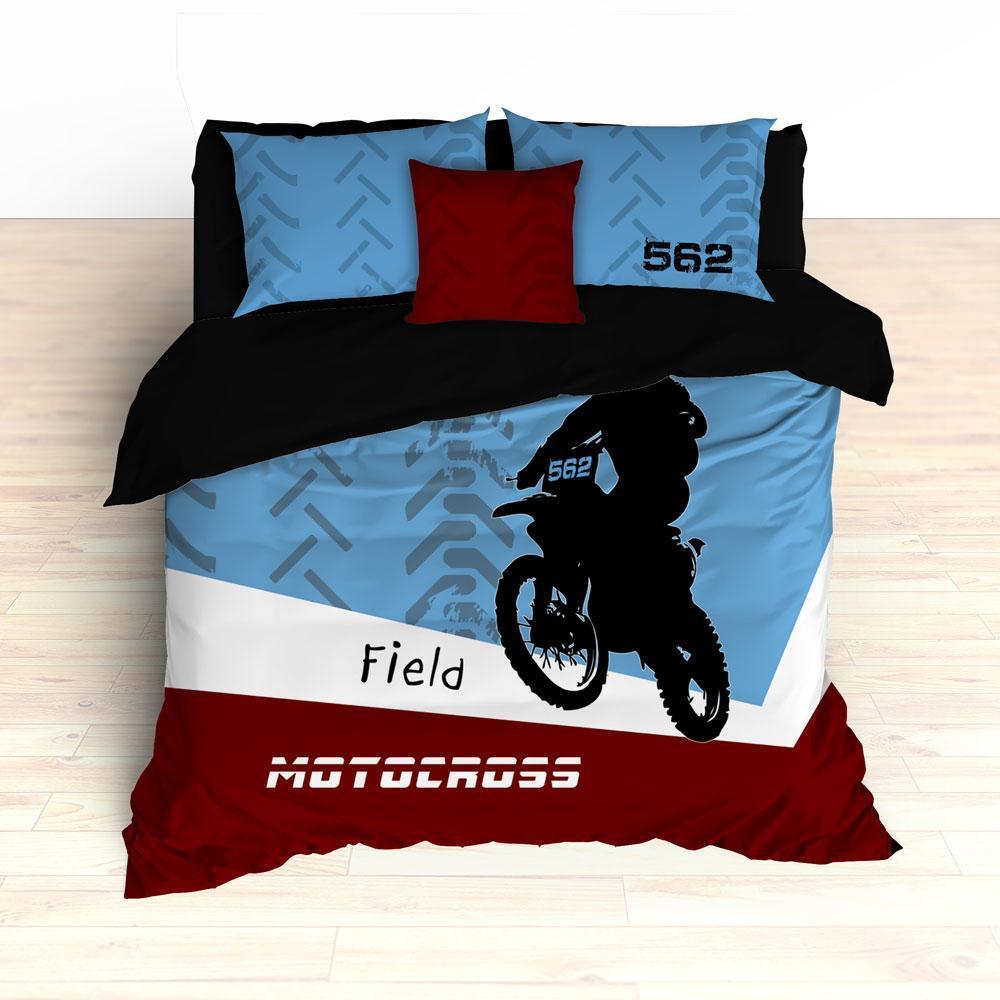 Personalized Motocross Or , Dirt Bike, Freestyle, Blue And Maroon Duvet Cover Bedding Set