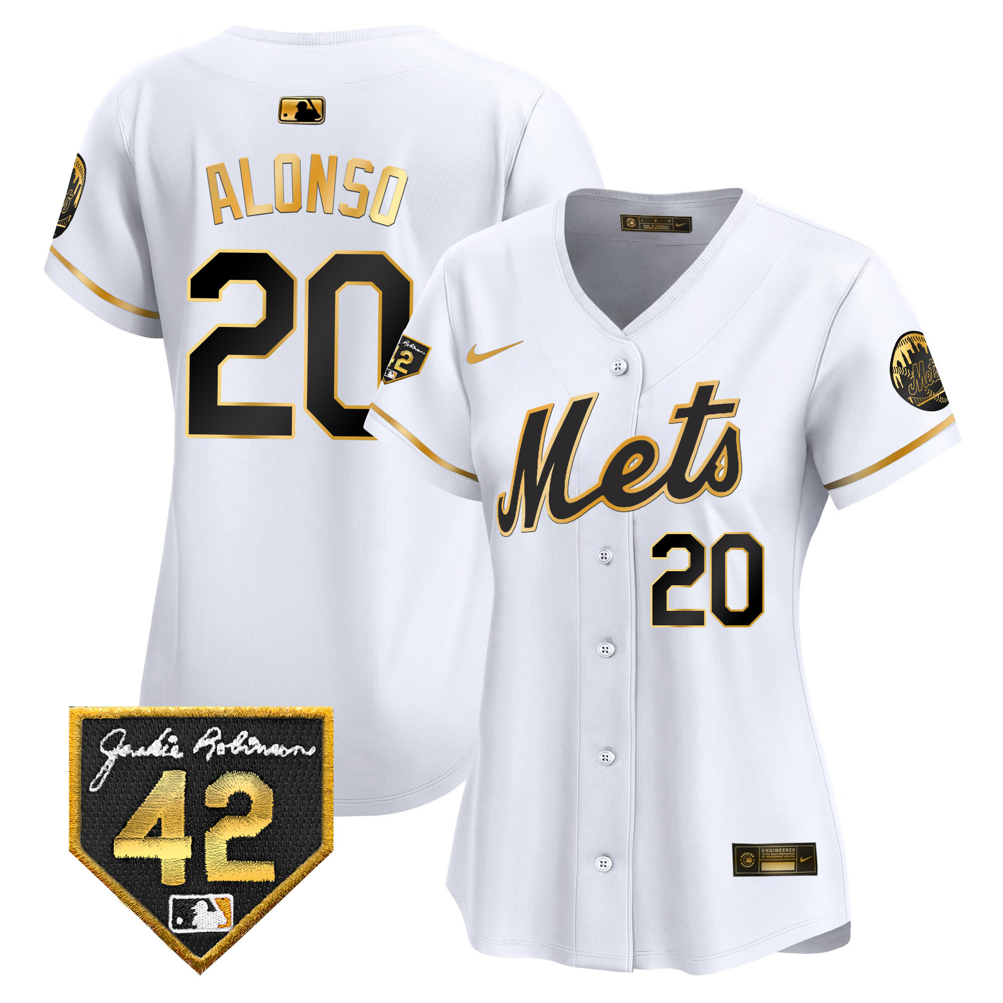 Pete Alonso Women's New York Mets 2024 Jackie Robinson Patch Vapor Premier Limited White Gold Jersey - All Stitched