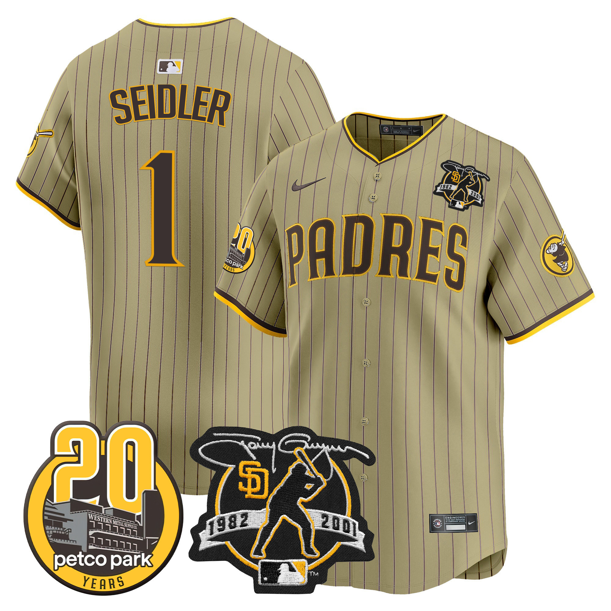 Peter Seidler Men's San Diego Padres Tony Gwynn & Petco Park 20th Patch Vapor Premier Limited Tan Jersey - All Stitched