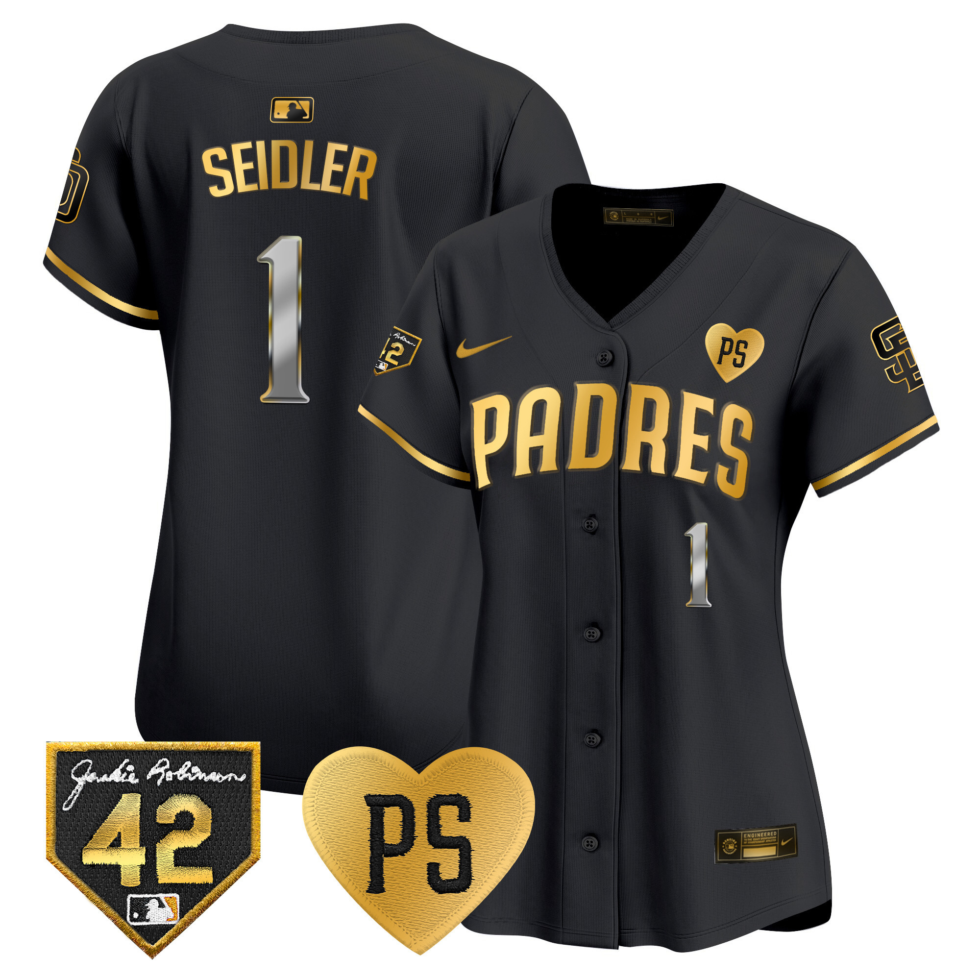 Peter Seidler Women's San Diego Padres 2024 "For Peter" & Robinson Patch Vapor Premier Limited Black Gold Jersey - All Stitched