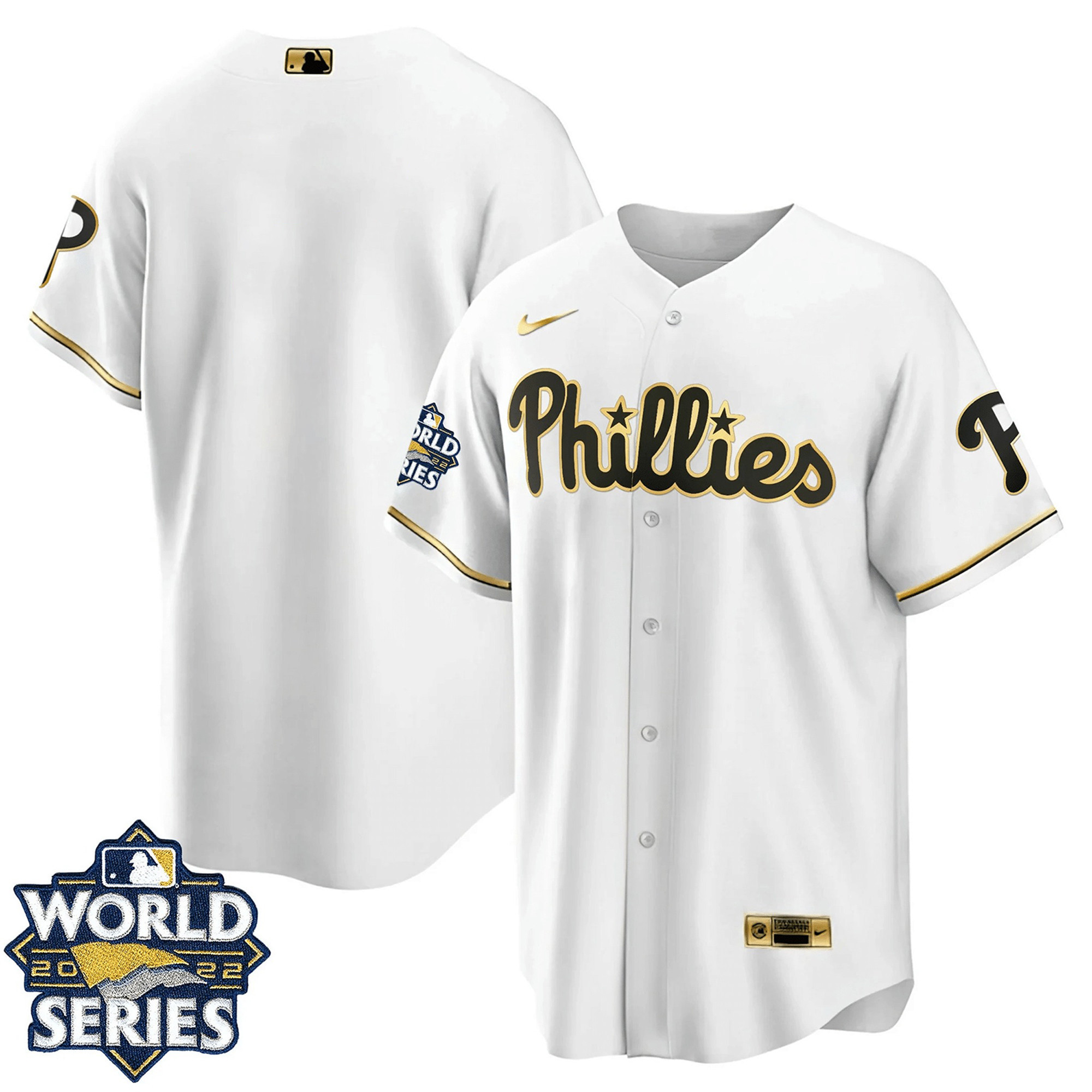 Philadelphia Phillies Black Gold & White Gold Team Cool White Jersey - All Stitched