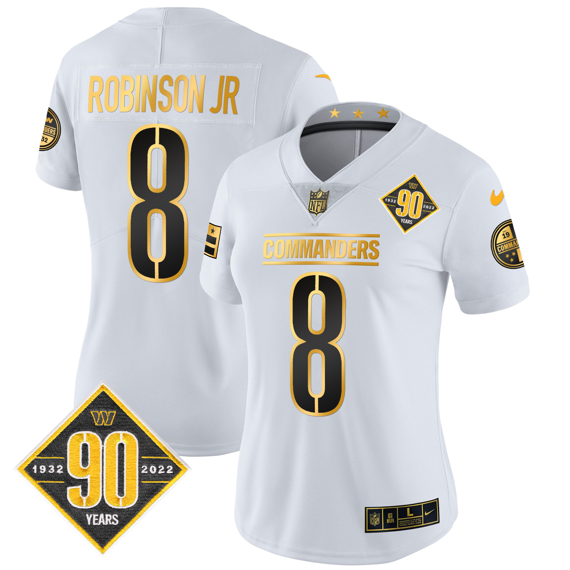 Robinson Jr Women's Washington Commanders 90th Anniversary Patch Gold Vapor White Gold Jersey - All Stitched 