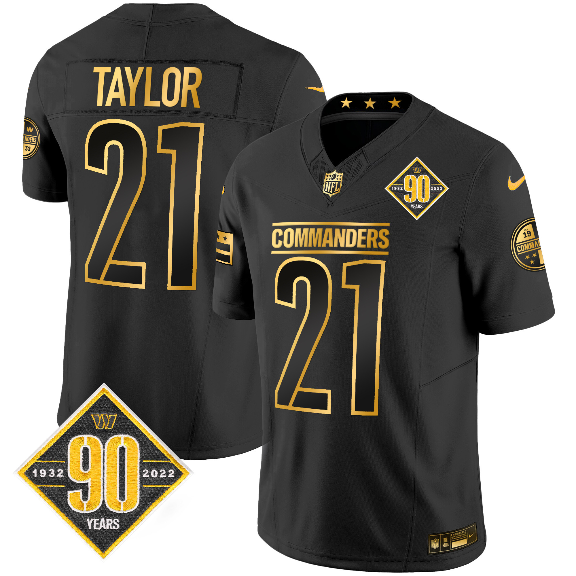 Sean Taylor Men's Washington Commanders 90th Anniversary Patch Gold Vapor Black Gold Jersey - All Stitched 
