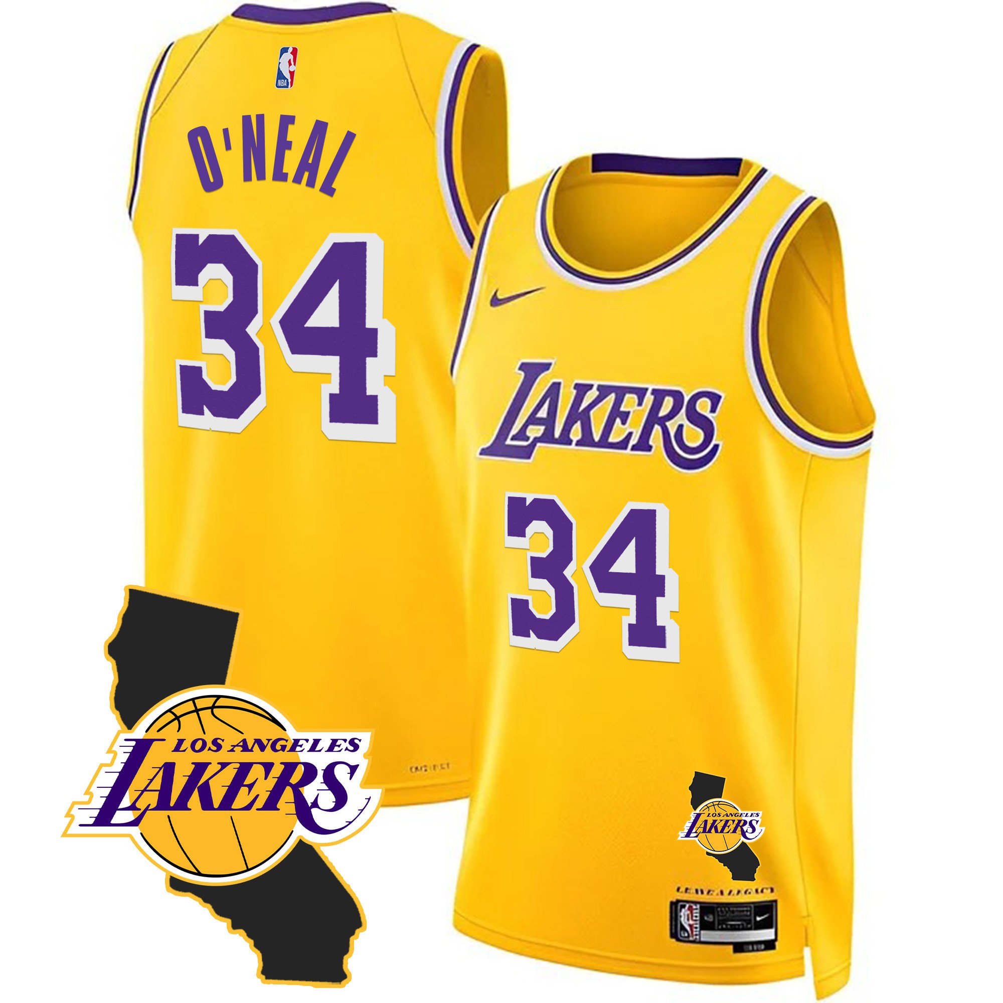 Shaquille O'Neal Men's Los Angeles Lakers California Patch Gold Jersey - All Stitched