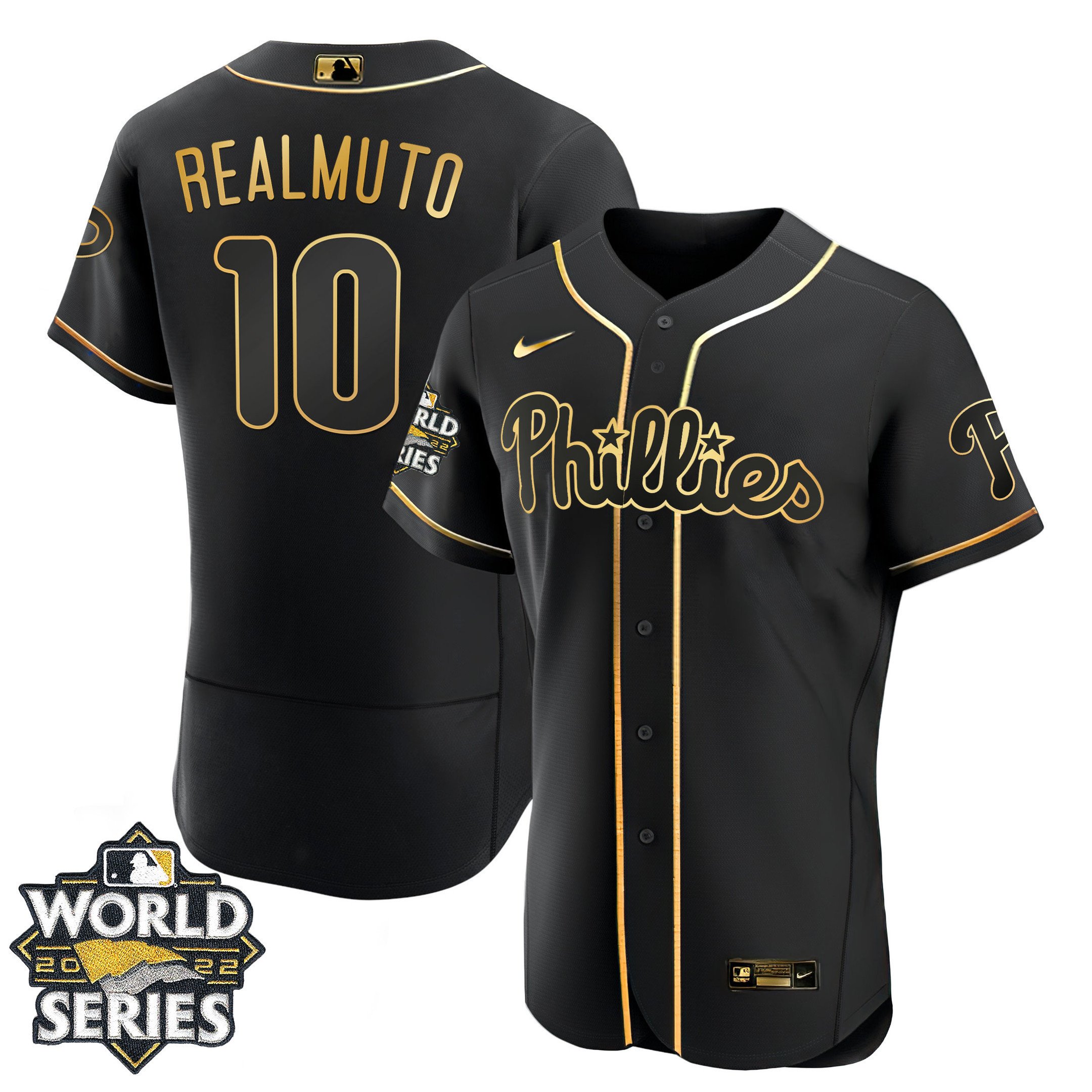 Women's JT Realmuto Philadelphia Phillies Gold 2022 World Series Flex Black Jersey - All Stitched