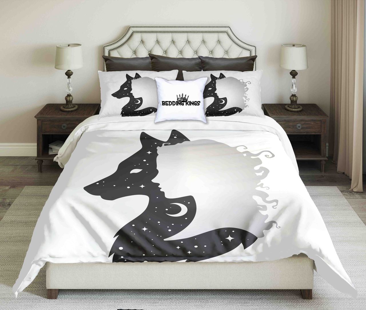 Silhouette Of Beautiful Woman Withhadow Of Wolf Design Kings 3D Customized Duvet Cover Bedding Set