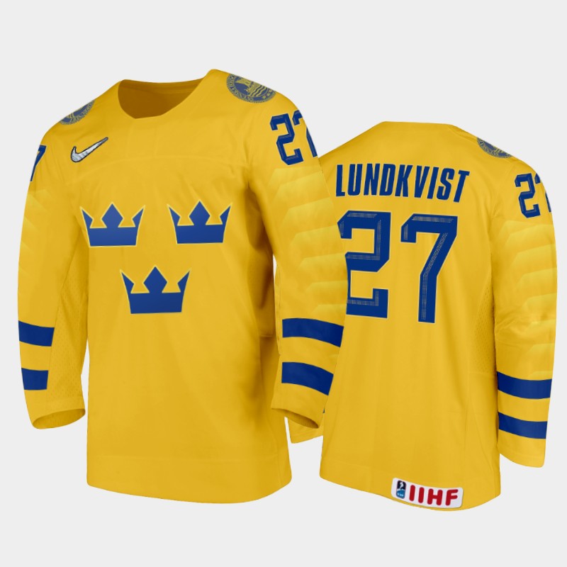 Sweden Nils Lundkvist #27 2020 IIHF World Junior Ice Yellow Home Jersey