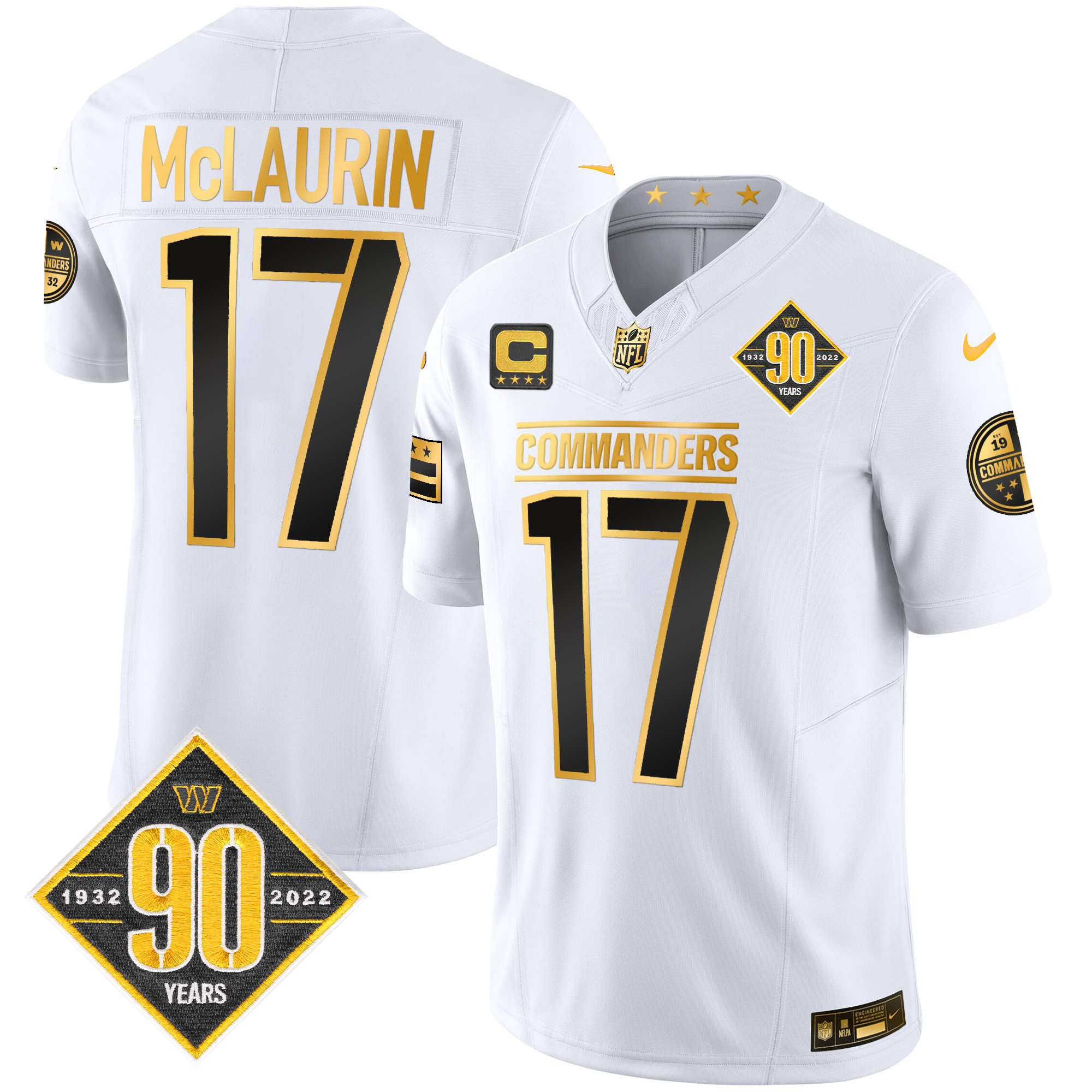 Terry McLaurin Men's Washington Commanders 90th Anniversary Patch Gold Vapor White Gold Jersey - All Stitched 