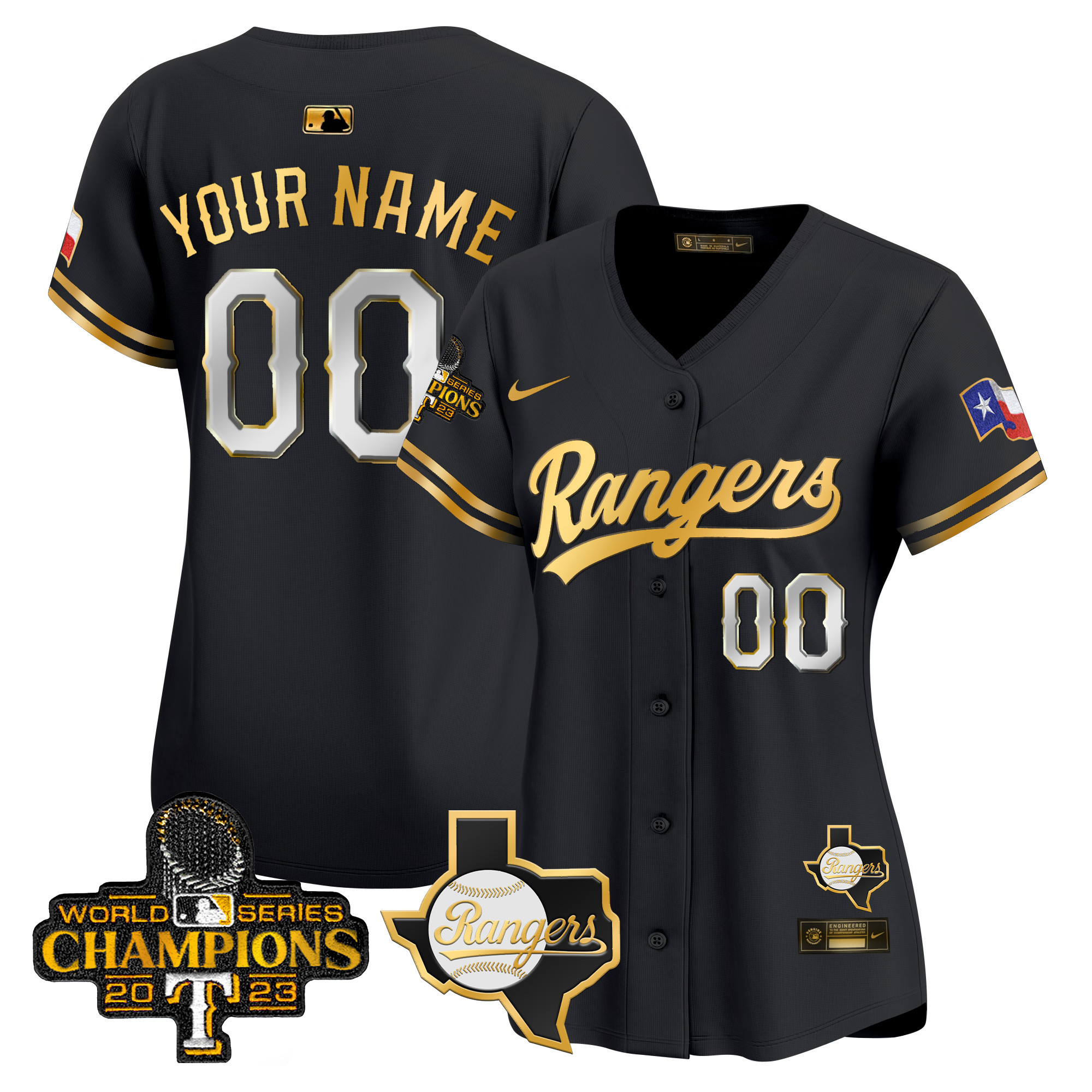 Texas Rangers 2023 World Series Champions Gold Trim Vapor Premier Limited Custom V2 Black Gold Jersey - All Stitched