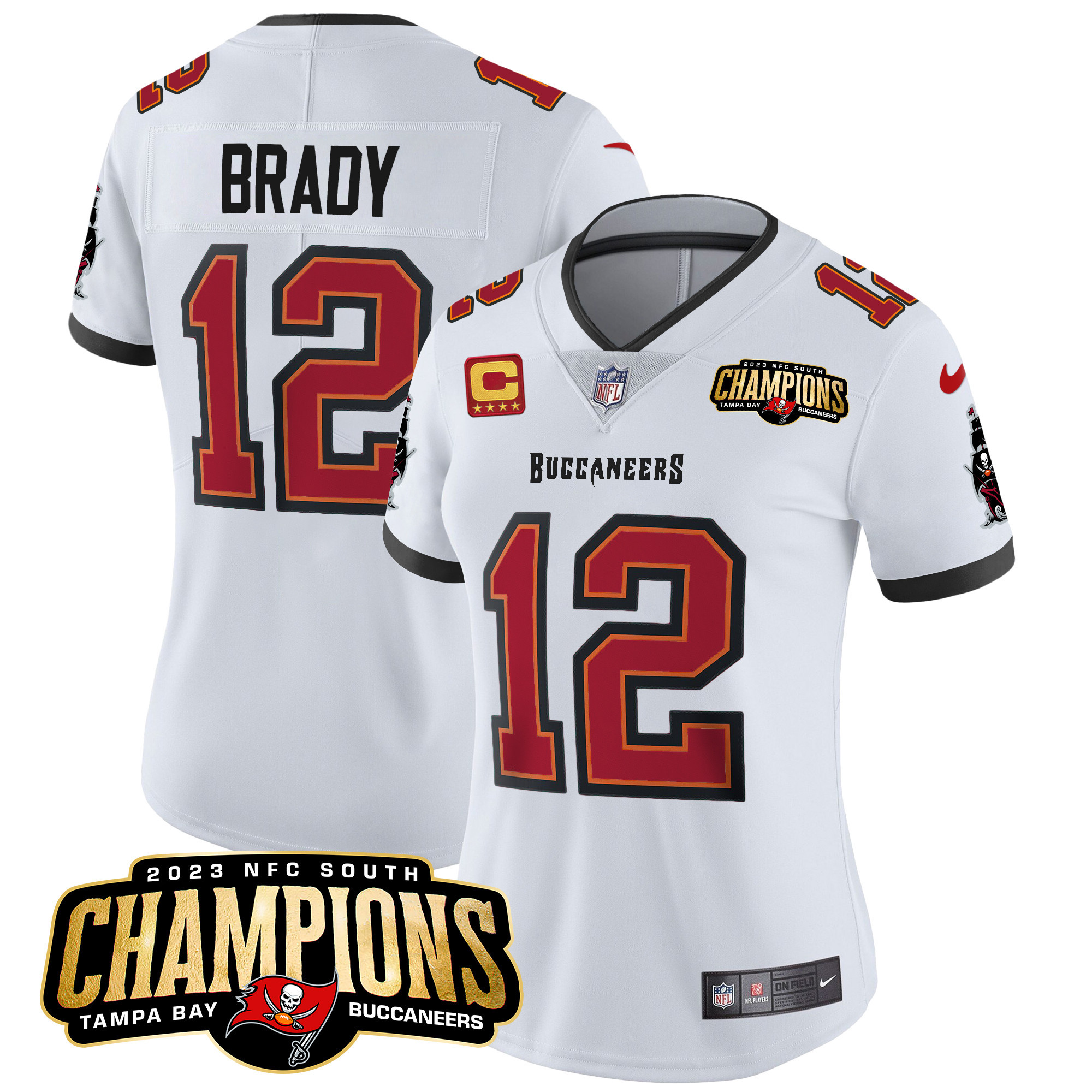 Tom Brady Women's Tampa Bay Buccaneers 2023 NFC South Champions Patch Vapor White Jersey - All Stitched 