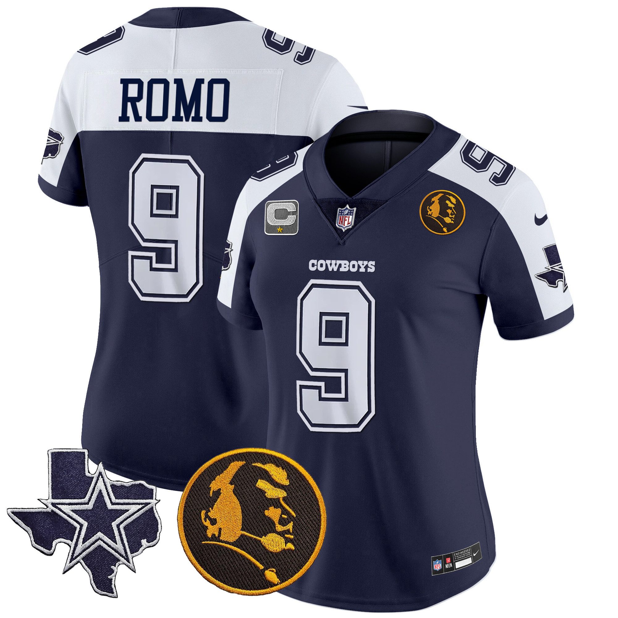 Tony Romo Women's Dallas Cowboys Texas & John Madden Patch Vapor Alternate Navy Jersey - All Stitched 