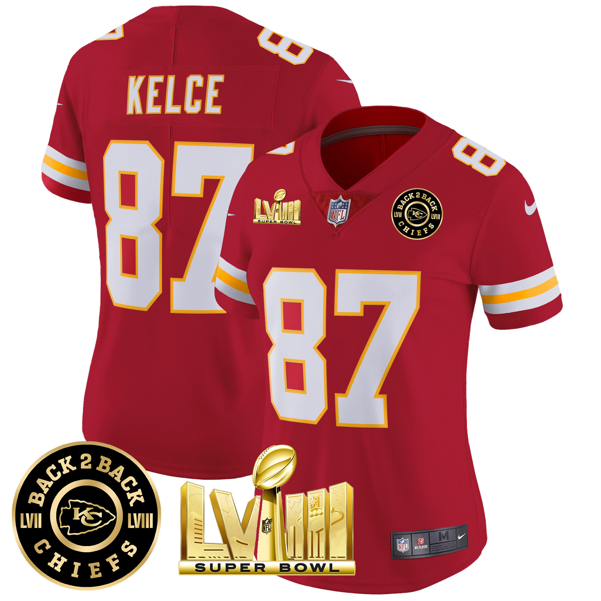 Travis Kelce Women's Kansas City Chiefs Super Bowl LVIII & Back 2 Back Patch Vapor Red Jersey - All Stitched 