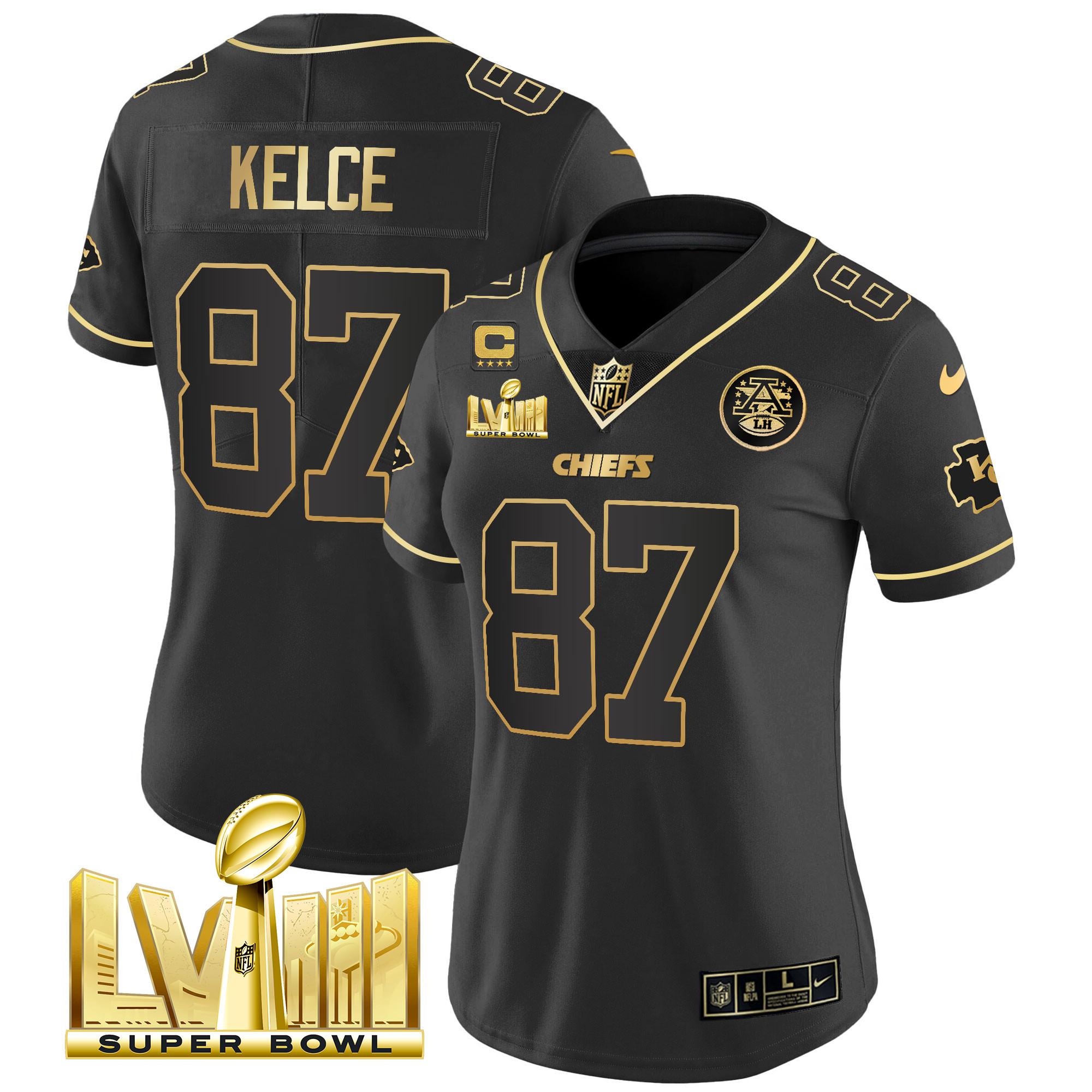 Travis Kelce Women's Kansas City Chiefs Super Bowl LVIII Gold Patch Vapor Black Gold Jersey - All Stitched 