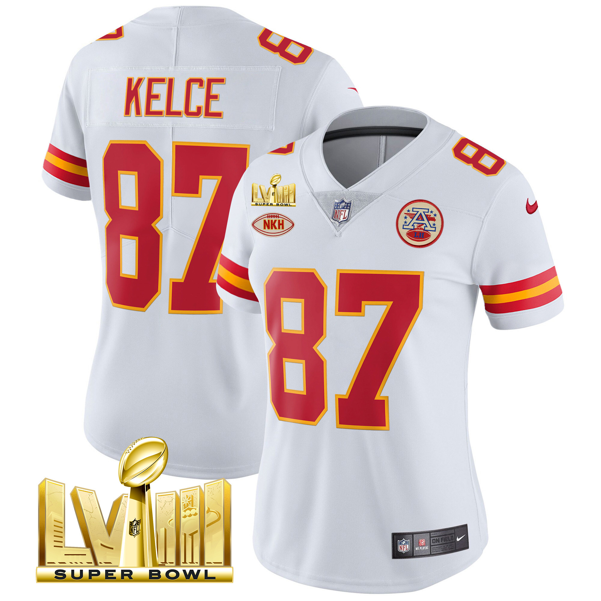 Travis Kelce Women's Kansas City Chiefs Super Bowl LVIII Gold Patch Vapor White Jersey - All Stitched 