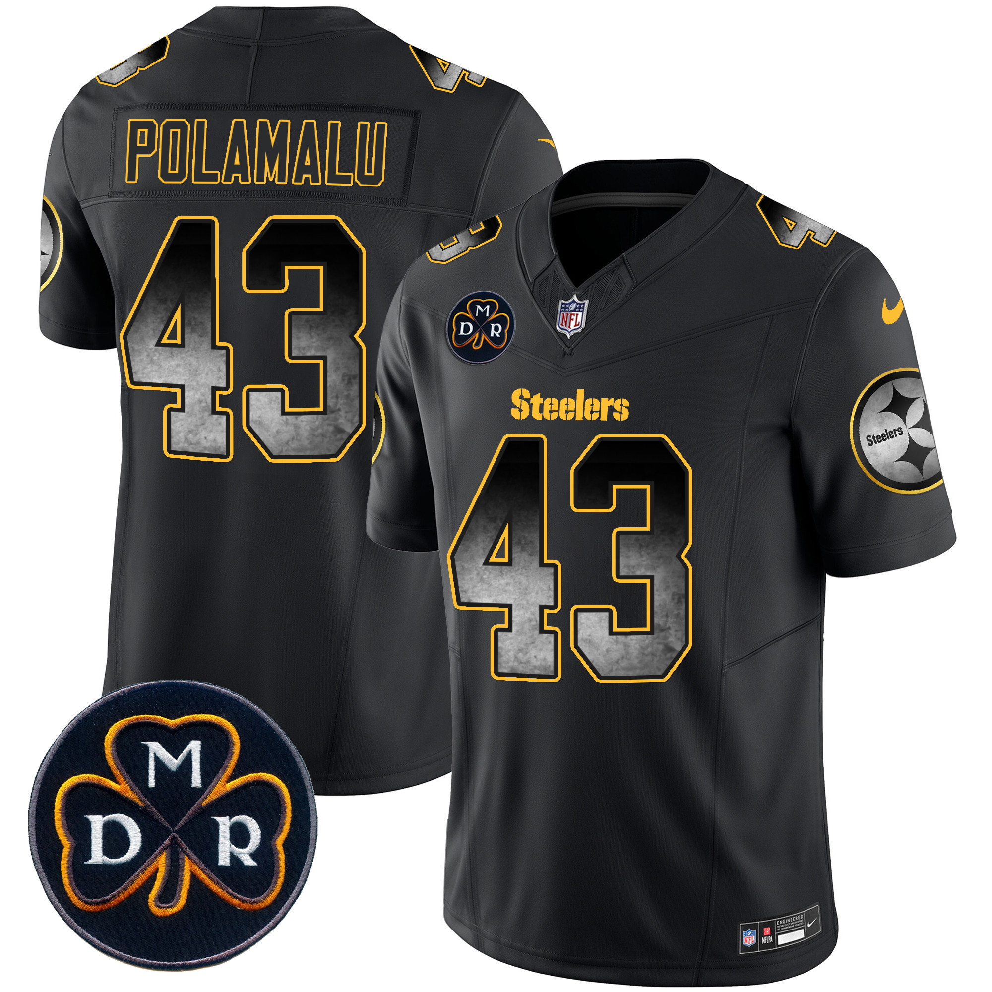 Troy Polamalu Men's Pittsburgh Steelers DMR Patch Arch Smoke Vapor Limited Black Jersey - All Stitched