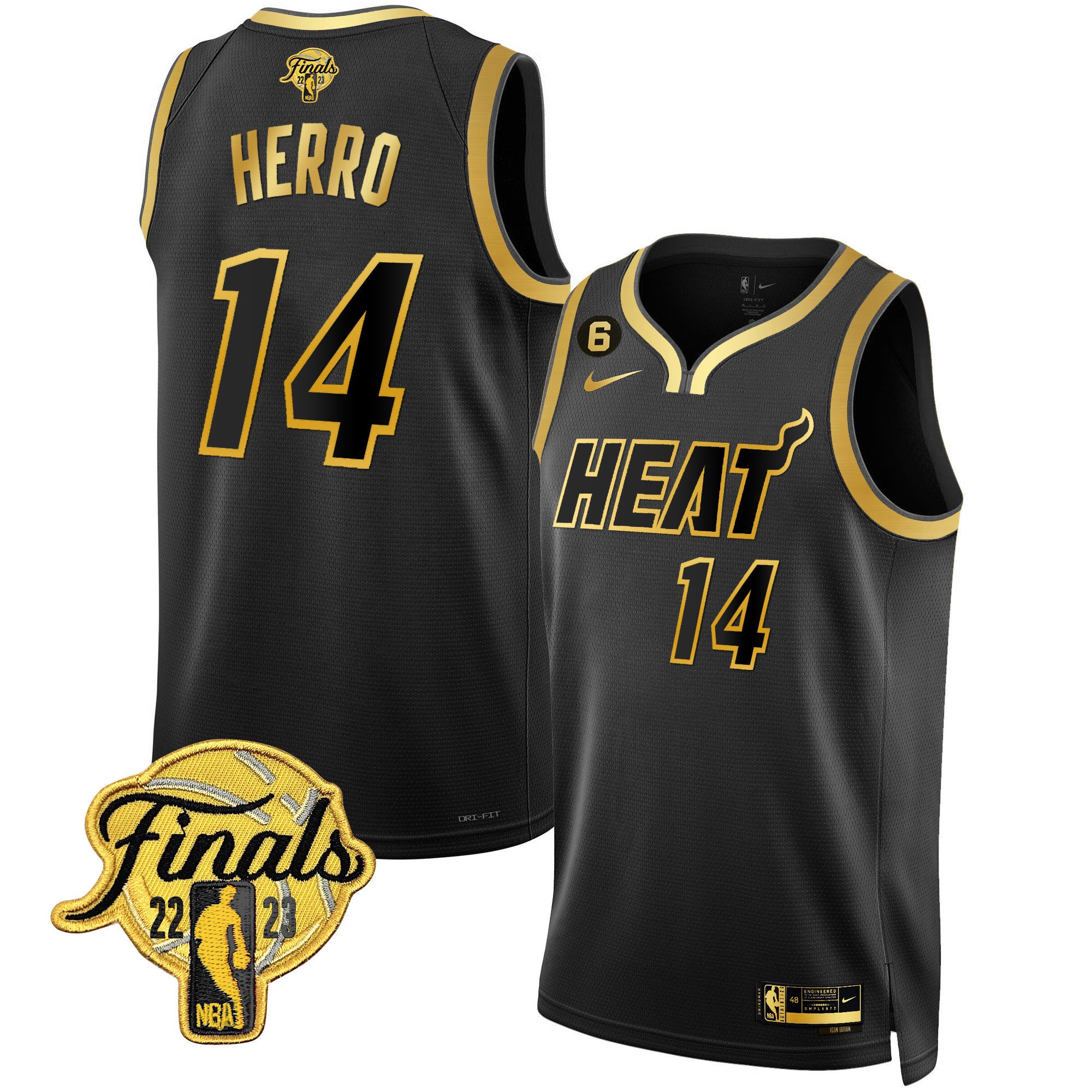 Tyler Herro Men's Miami Heat 2023 Finals Patch Collection Black Gold Jersey - All Stitched
