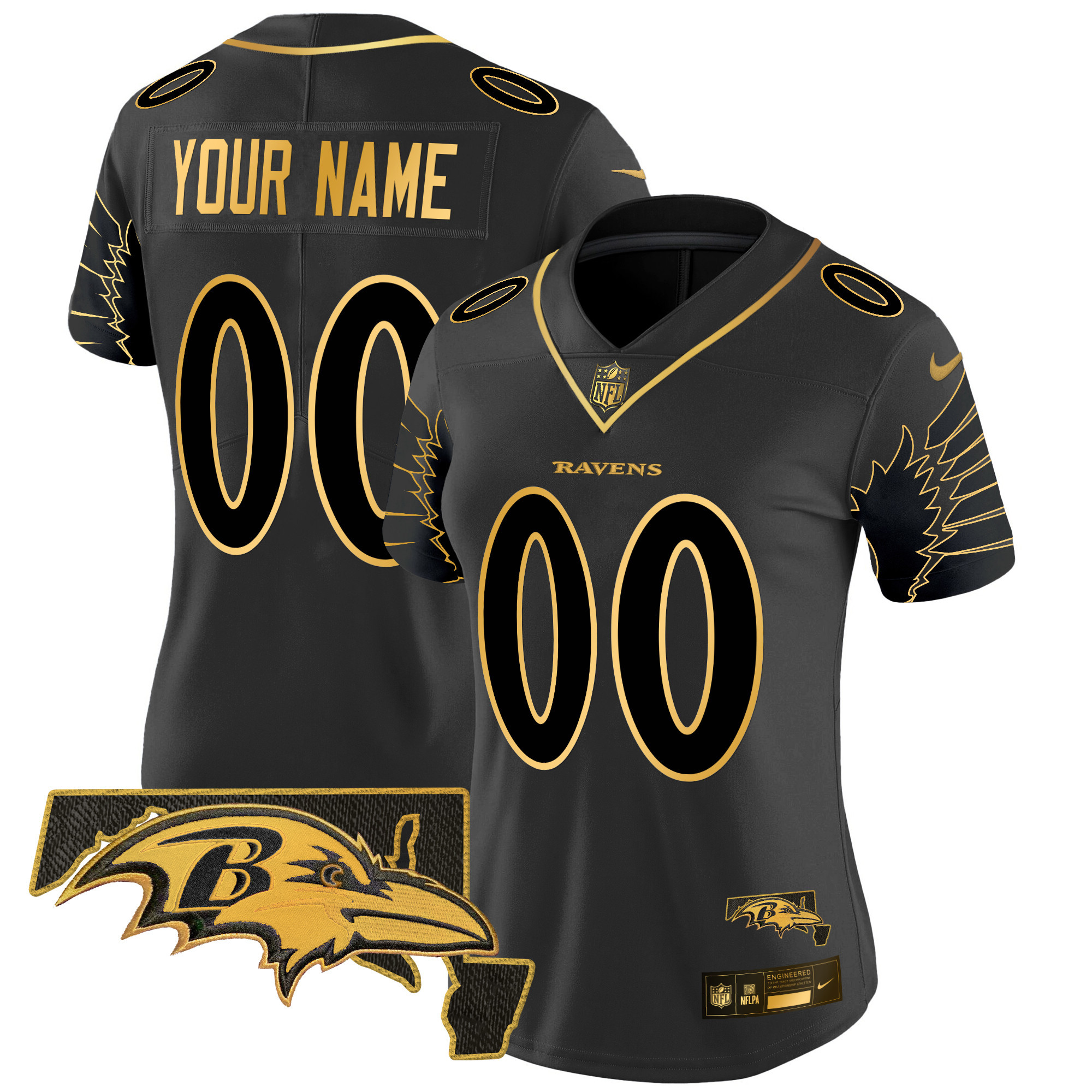 Women's Baltimore Ravens Maryland Patch Gold Vapor Limited Custom Black Gold Jersey - All Stitched