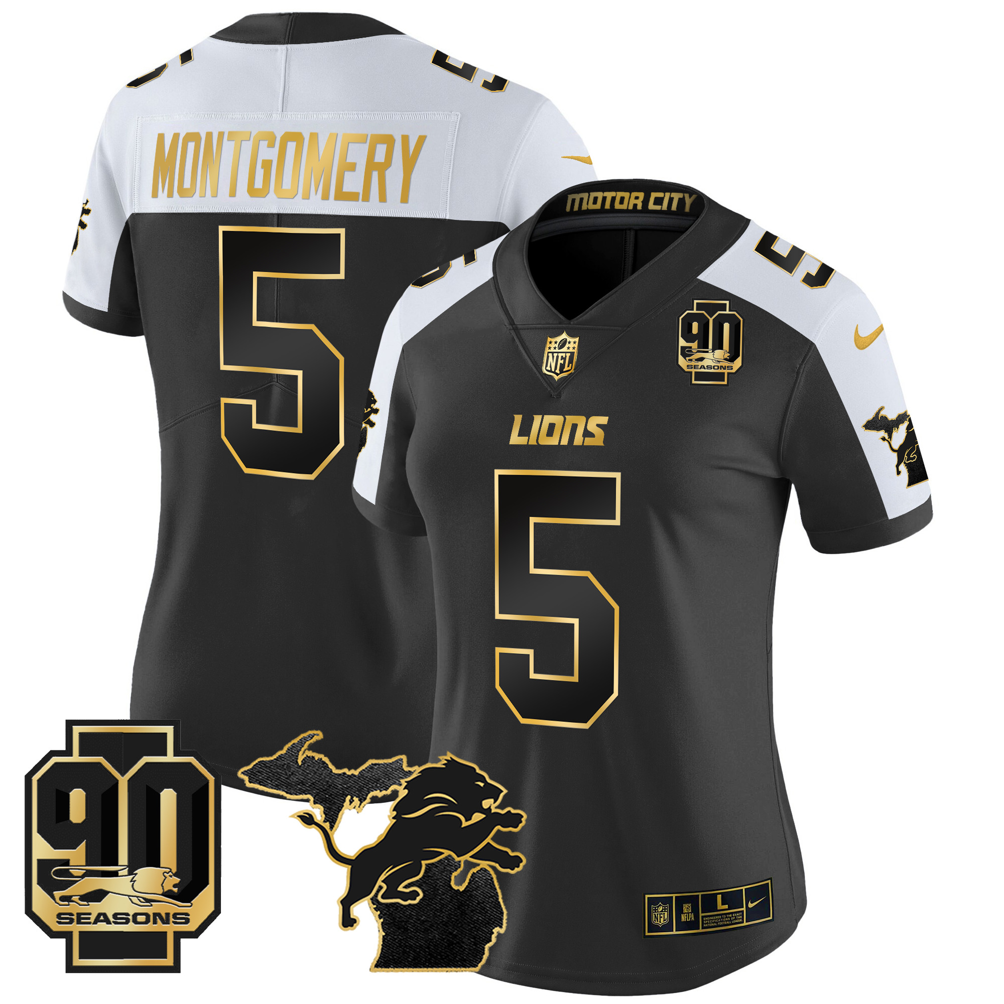 Women's David Montgomery Detroit Lions 2024 Michigan & 90th Year Patch Gold Vapor Limited Alternate Jersey - All Stitched