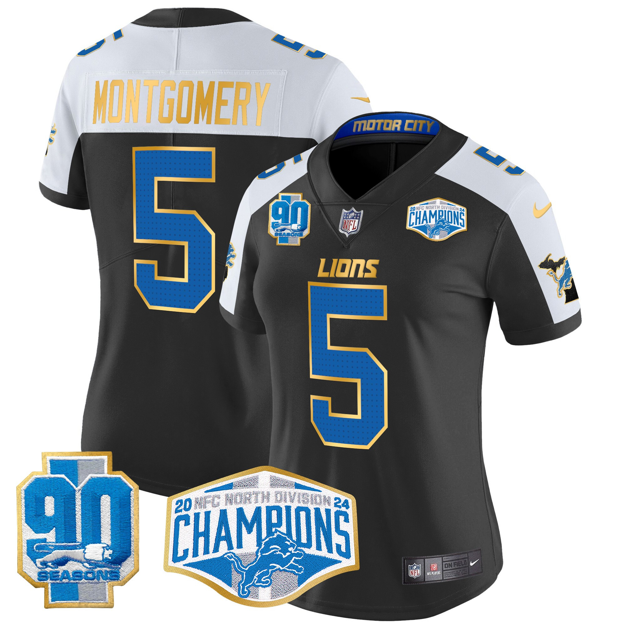 Women's David Montgomery Detroit Lions 2024 NFC North Division Champions Patch Gold Trim Vapor Limited Black Alternate Jersey - All Stitched