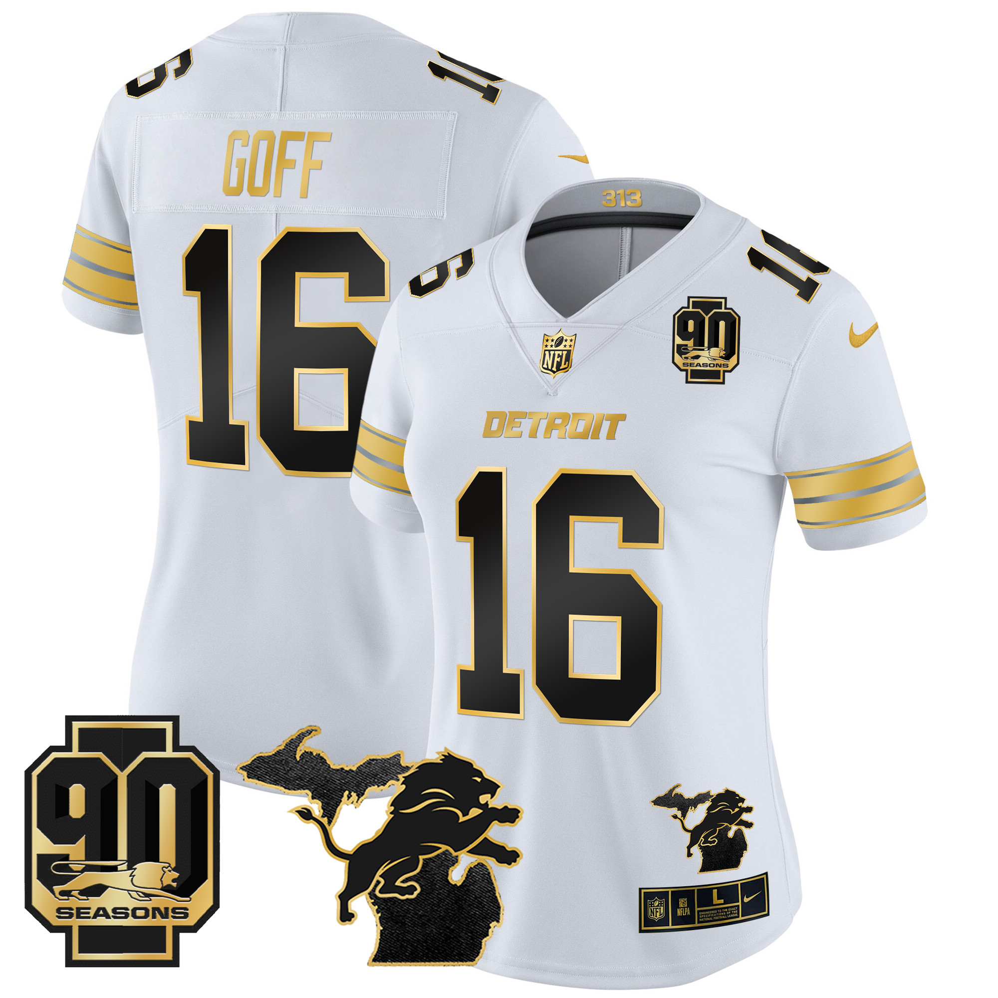 Women's Jared Goff Detroit Lions 2024 Michigan & 90th Year Patch Gold Vapor Limited White Gold Jersey - All Stitched