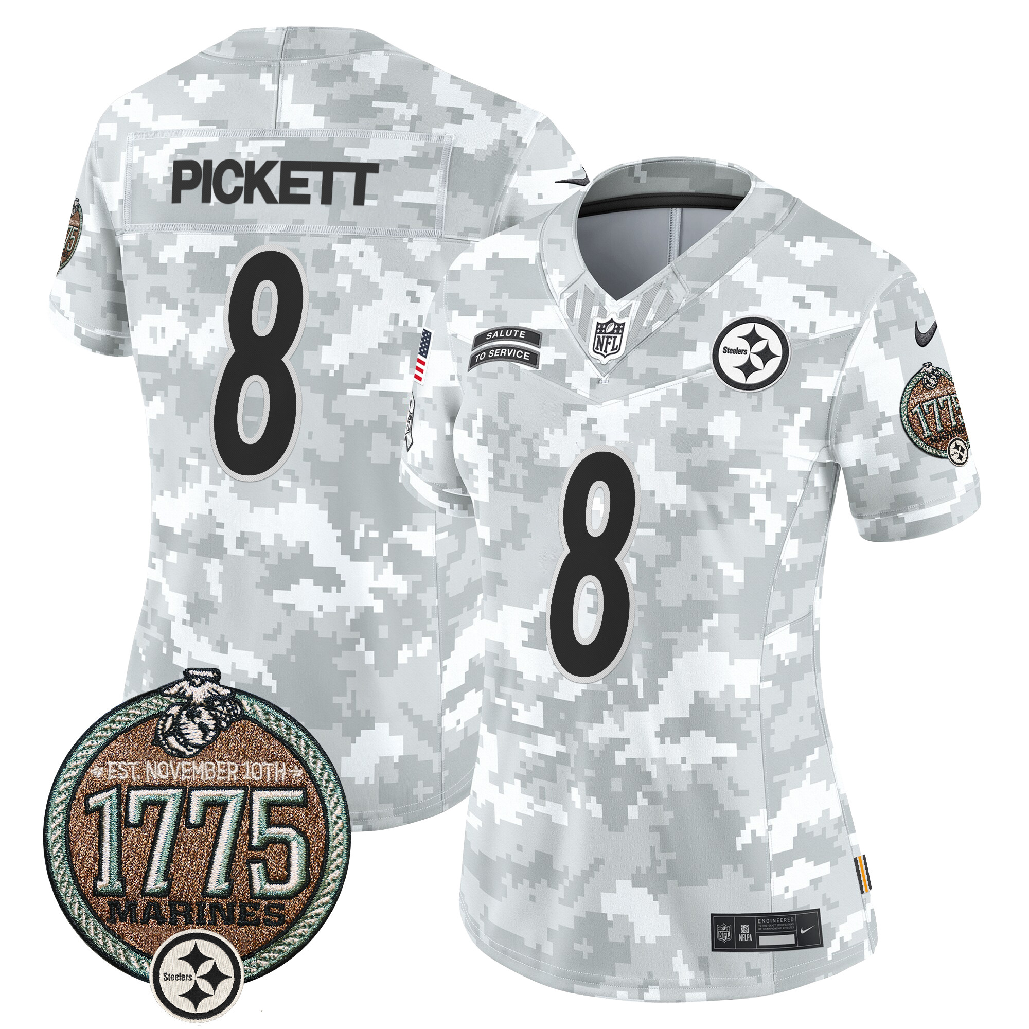 Women's Kenny Pickett Pittsburgh Steelers 2024 Salute to Service Establishment Year Patch Vapor Limited Marines Jersey - All Stitched