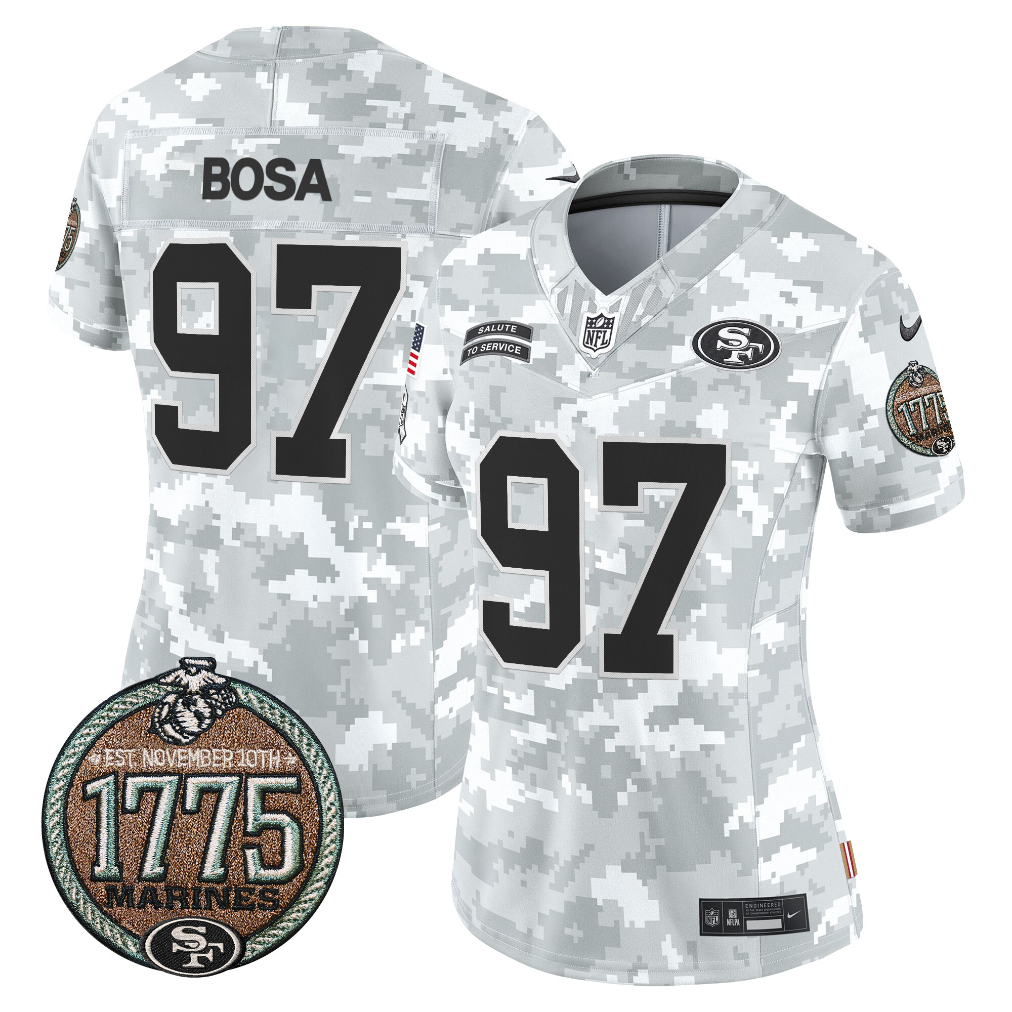 Women's Nick Bosa San Francisco 49ers 2024 Salute to Service Establishment Year Patch Vapor Limited Marines Jersey - All Stitched
