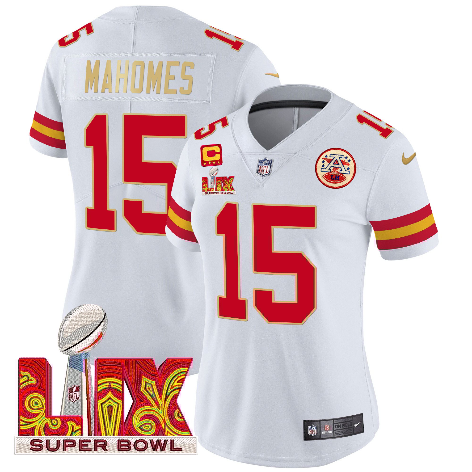 Women's Patrick Mahomes Kansas City Chiefs Super Bowl LIX Patch Gold Trim Vapor Limited White Jersey - All Stitched