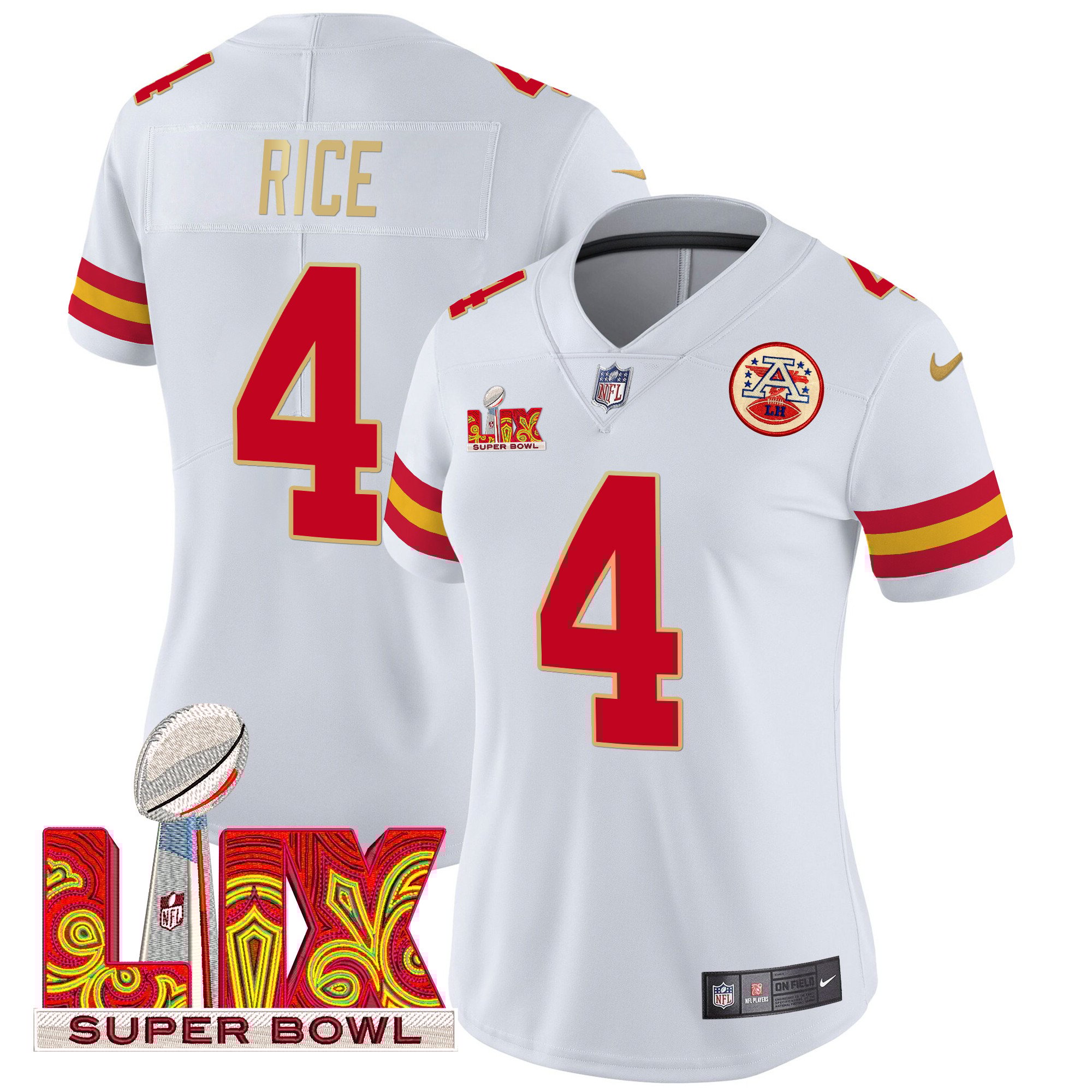 Women's Rashee Rice Kansas City Chiefs Super Bowl LIX Patch Gold Trim Vapor Limited White Jersey - All Stitched
