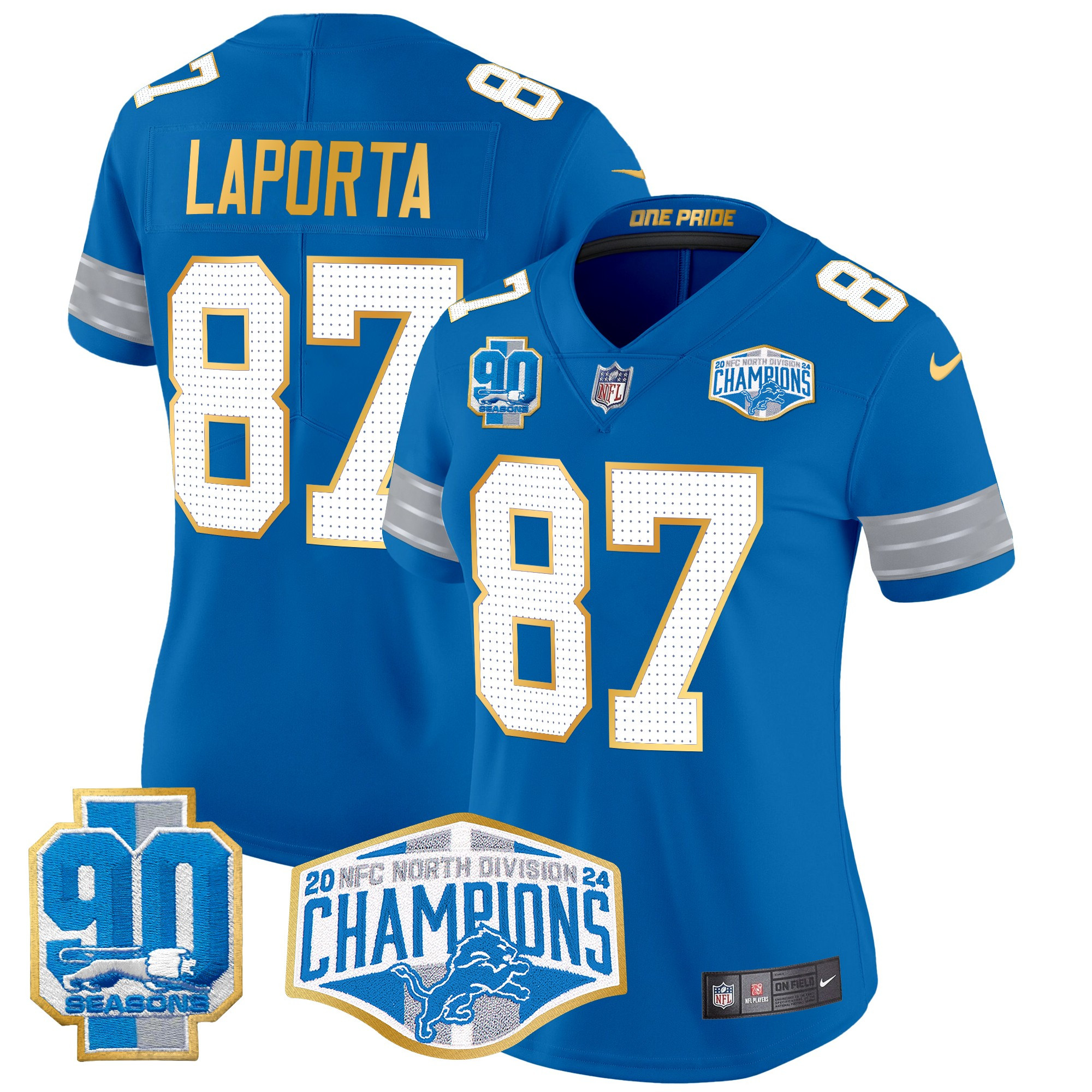 Women's Sam Laporta Detroit Lions 2024 NFC North Division Champions Patch Gold Trim Vapor Limited Blue Jersey - All Stitched